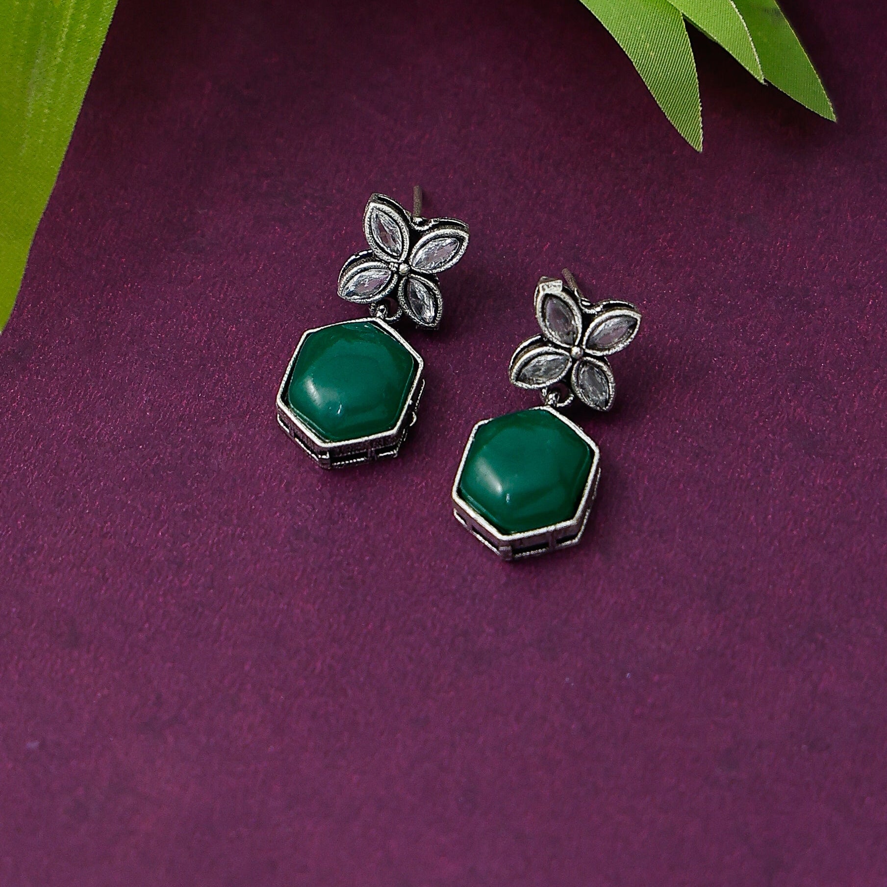 Floral hexagon stone earrings for women