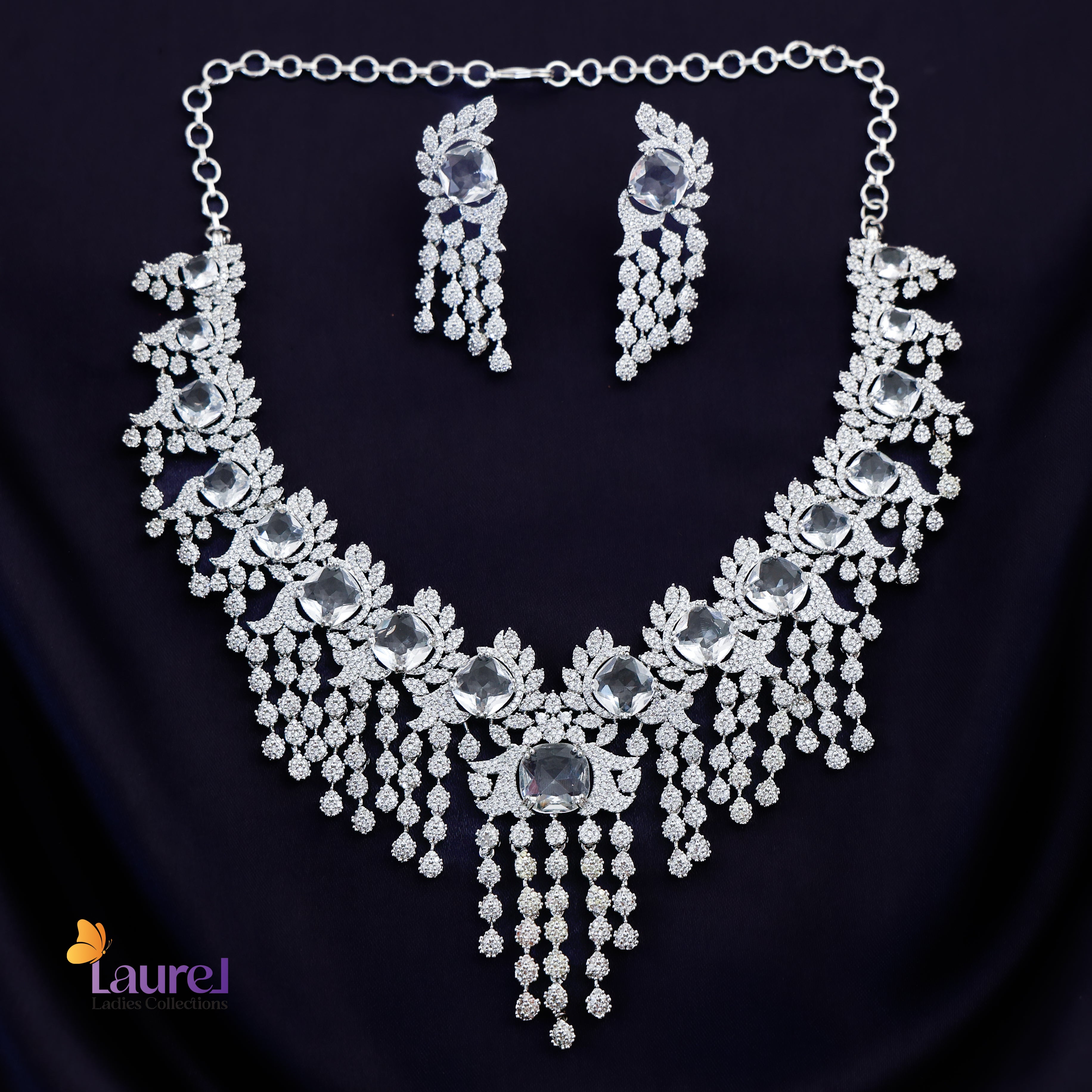 Bridal Zircon AD White Stone Neckpiece with Earring