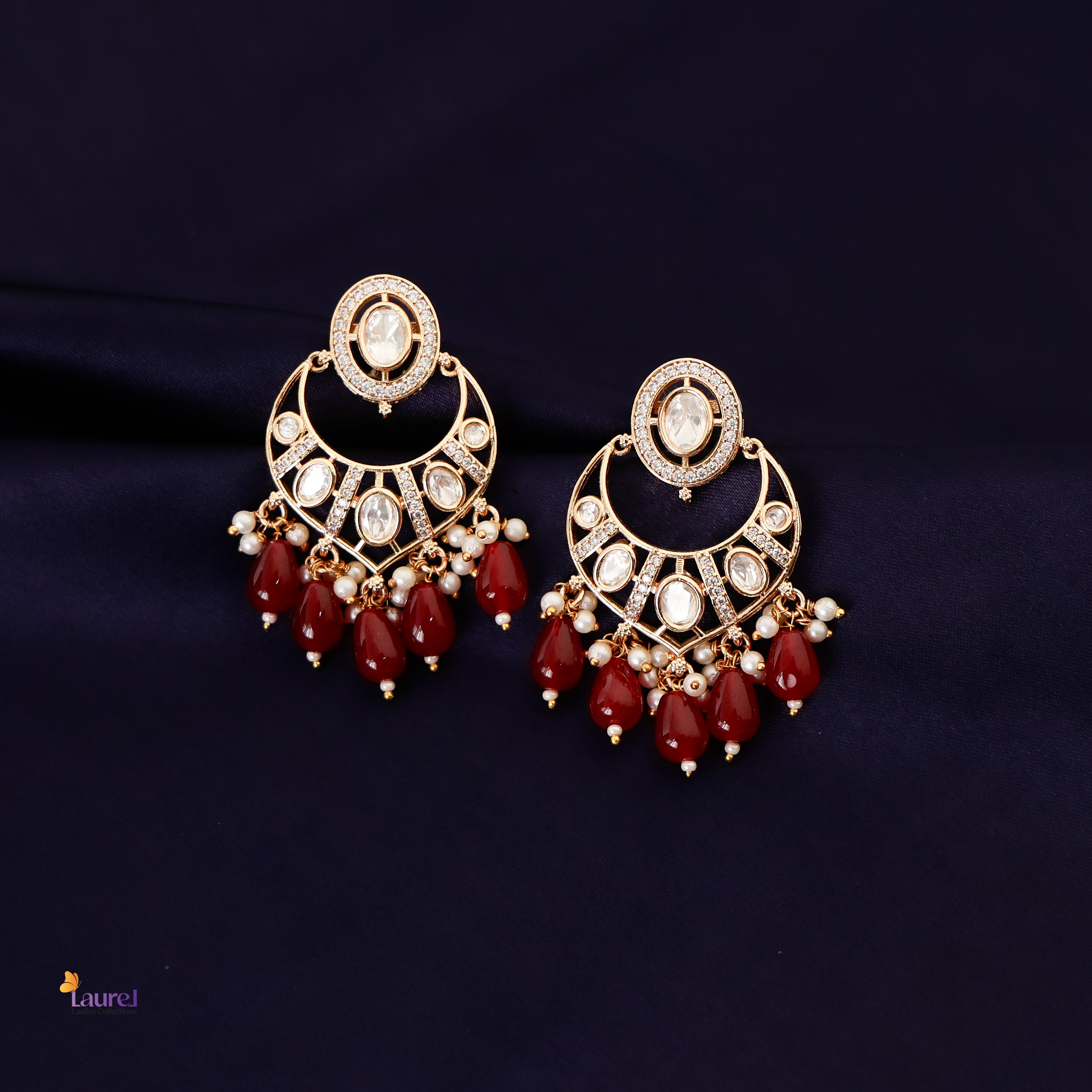 Kundan AD Stones with Maroon Beads Earring