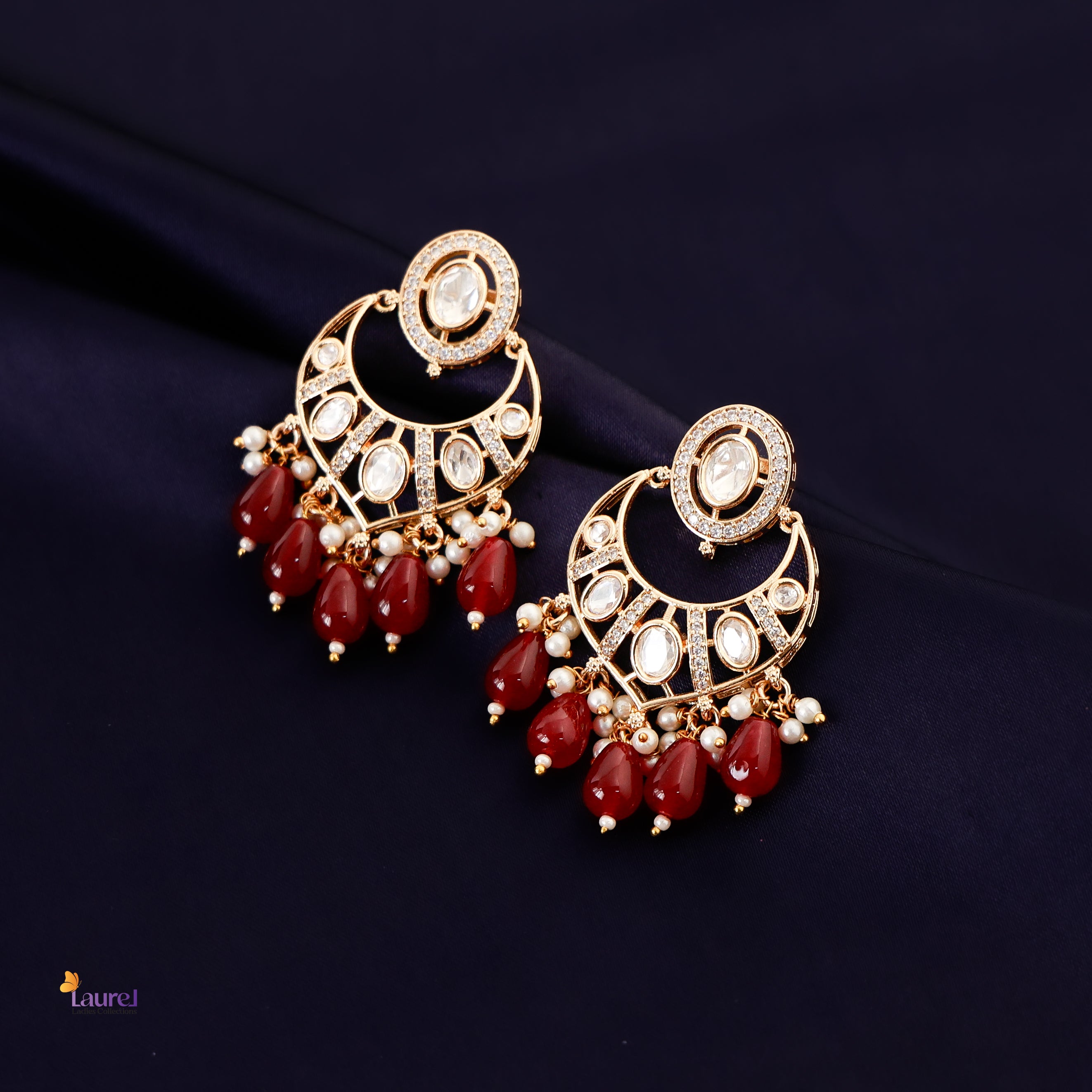 Kundan AD Stones with Maroon Beads Earring