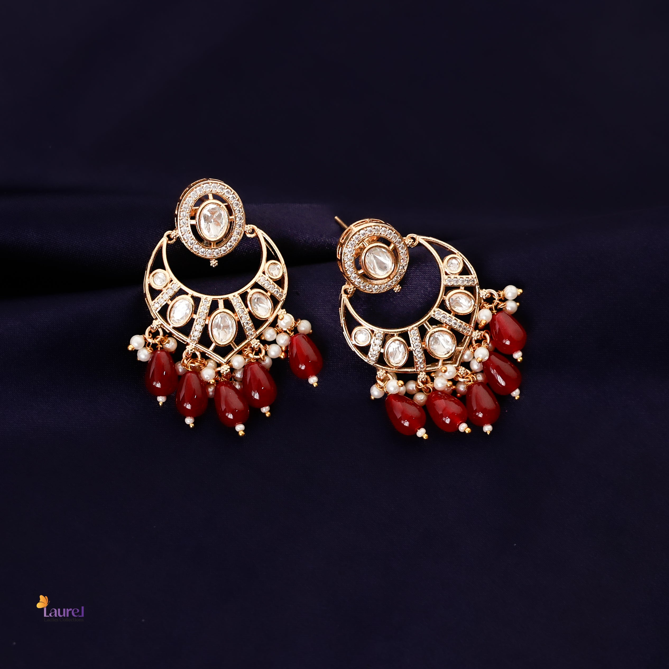 Kundan AD Stones with Maroon Beads Earring