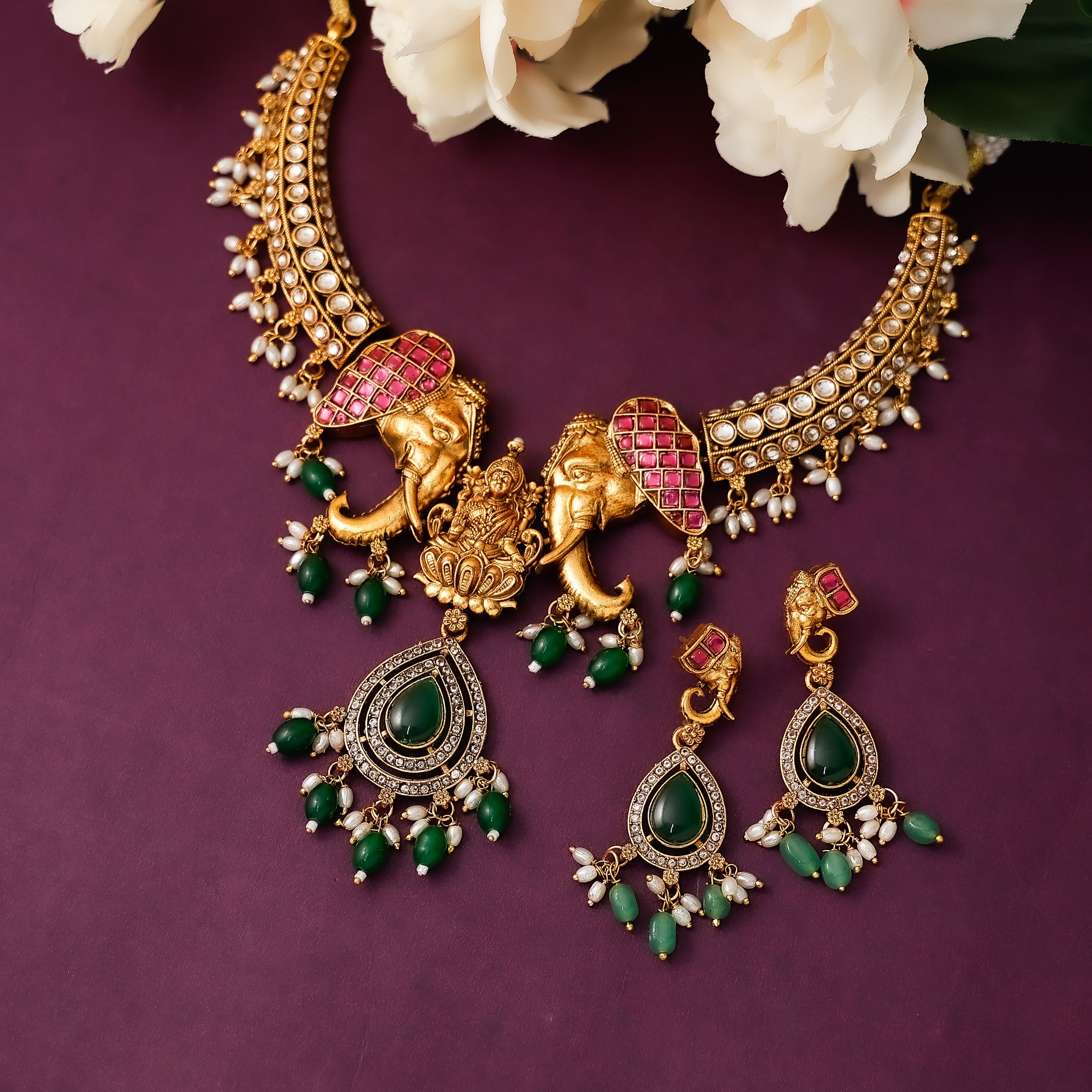 Antique Elephant Lekshmi Necklace Set With Earrings