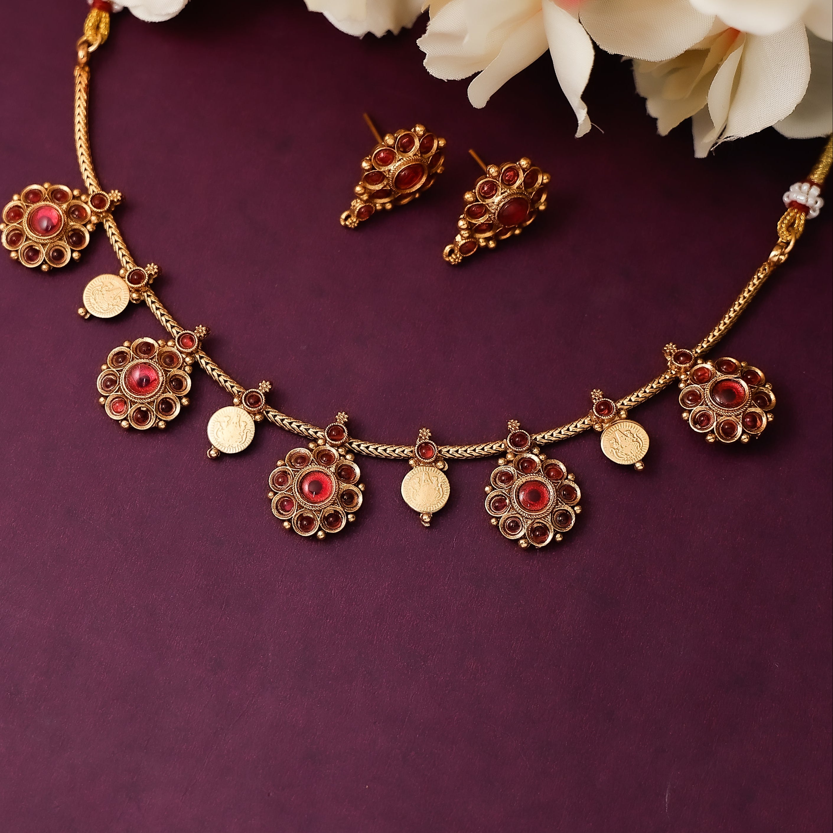 Flower Coin SImple Chain Necklace With Earrings