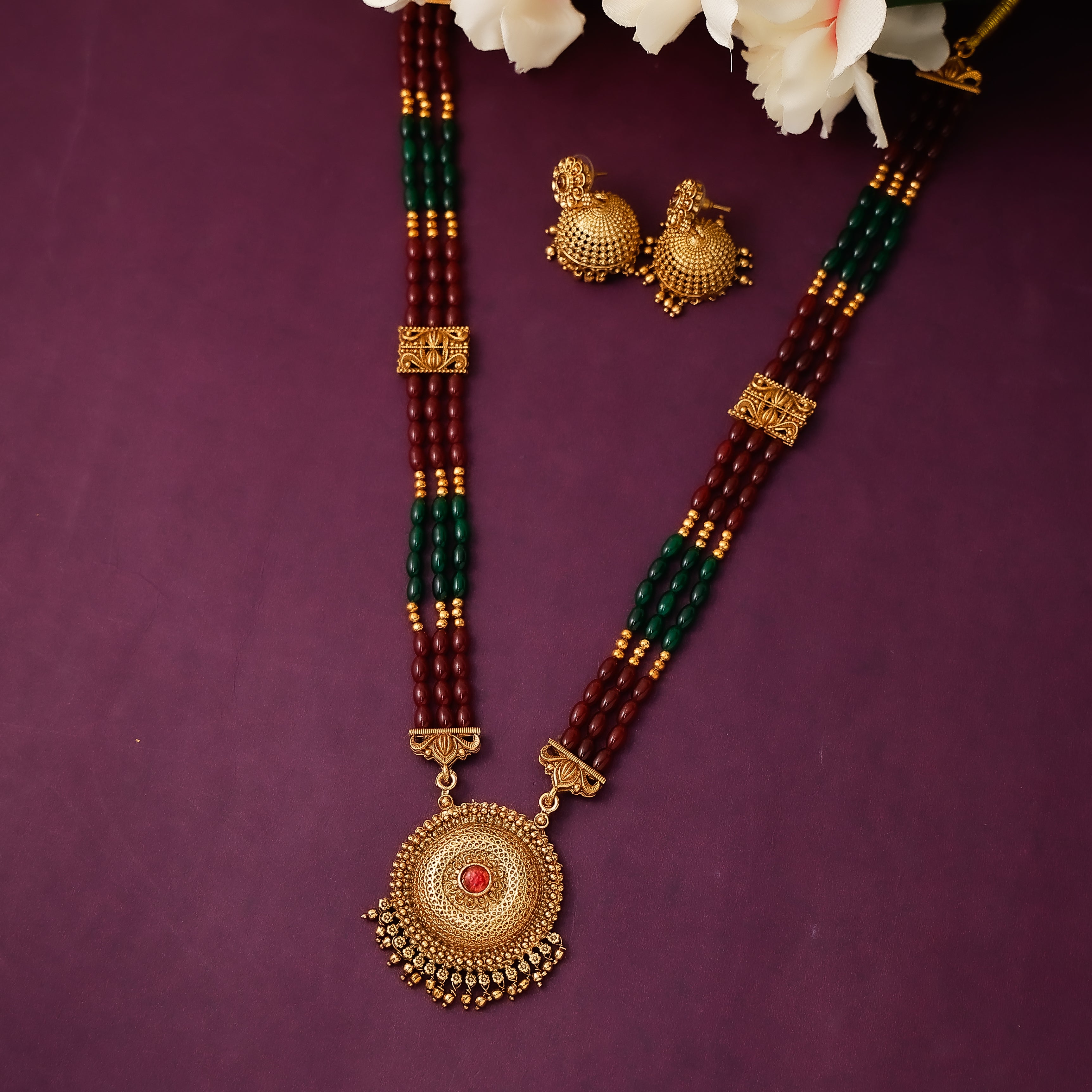 Traditional Beaded Long Haaram With Earrings