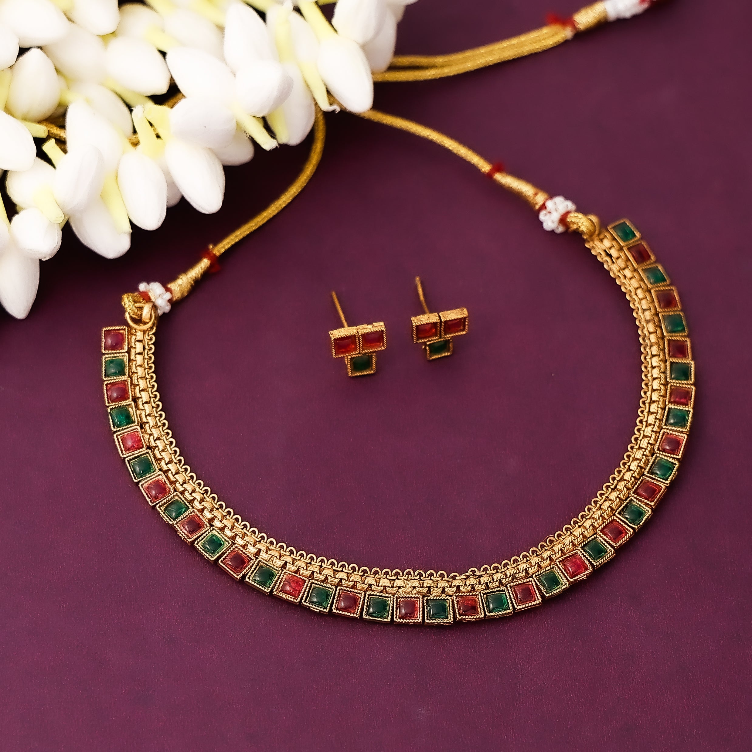 Ruby Green Square Stone Necklace With Earrings