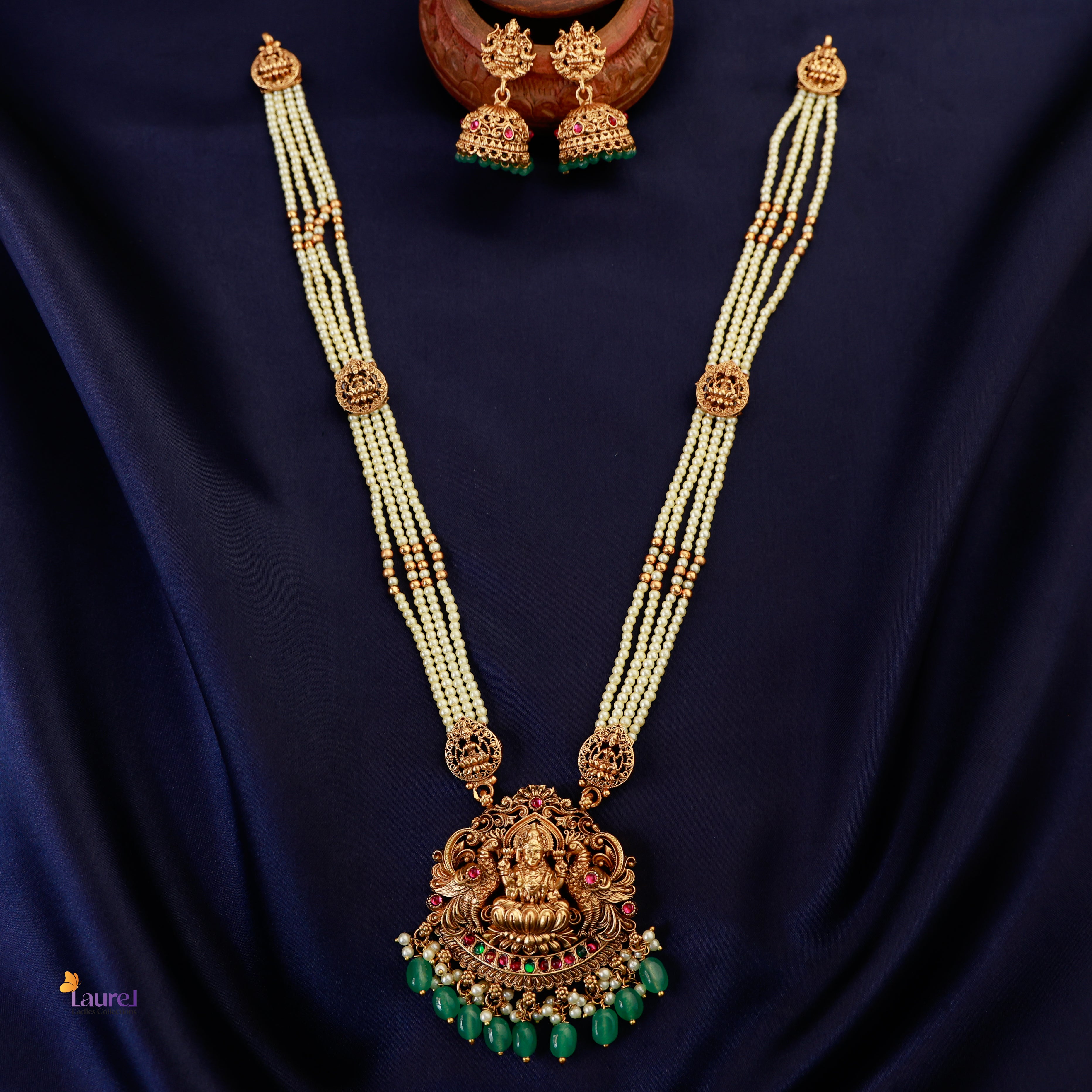 Lotus Devi Beaded Long Neckpiece with Jhumka