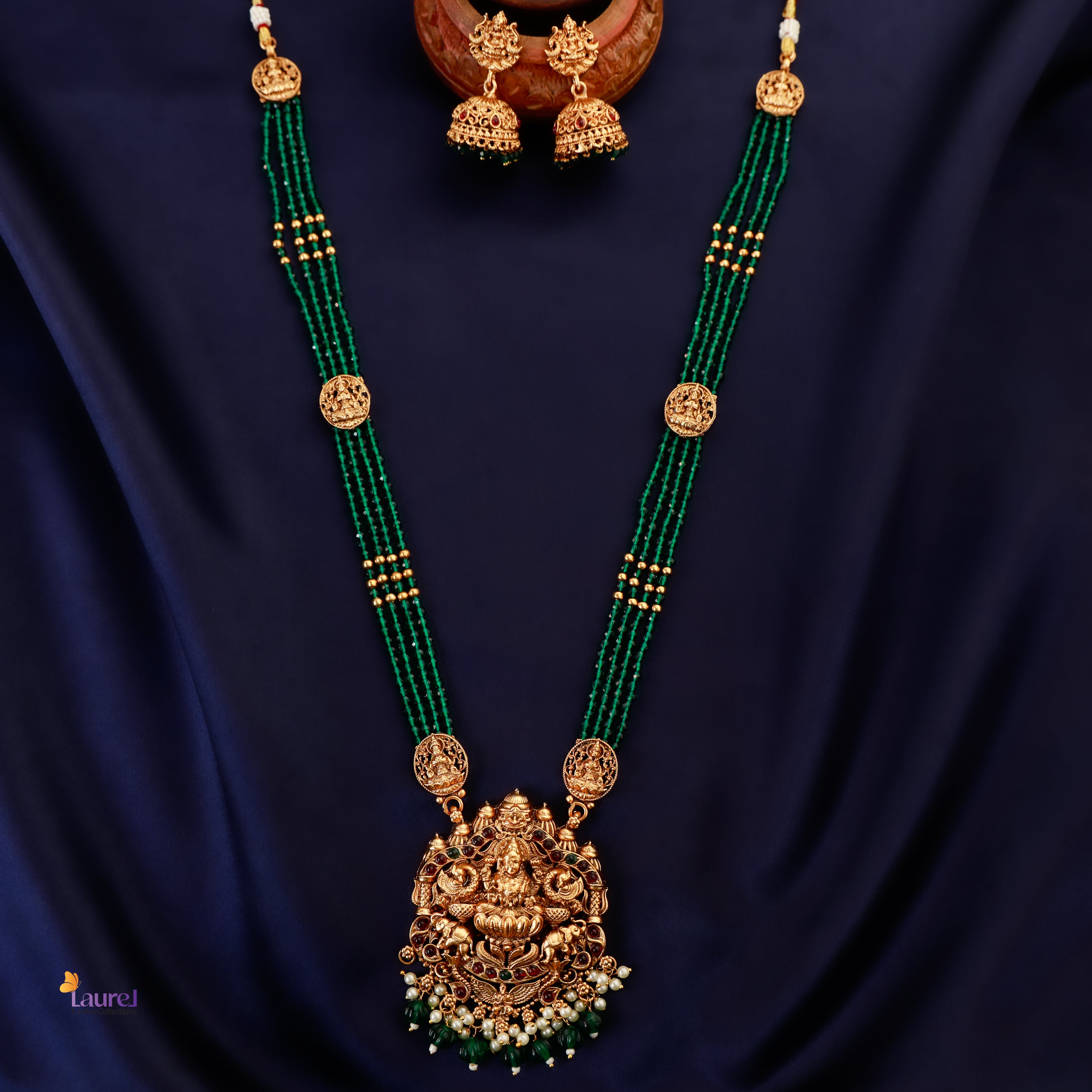 Lotus Devi Beaded Long Neckpiece with Jhumka