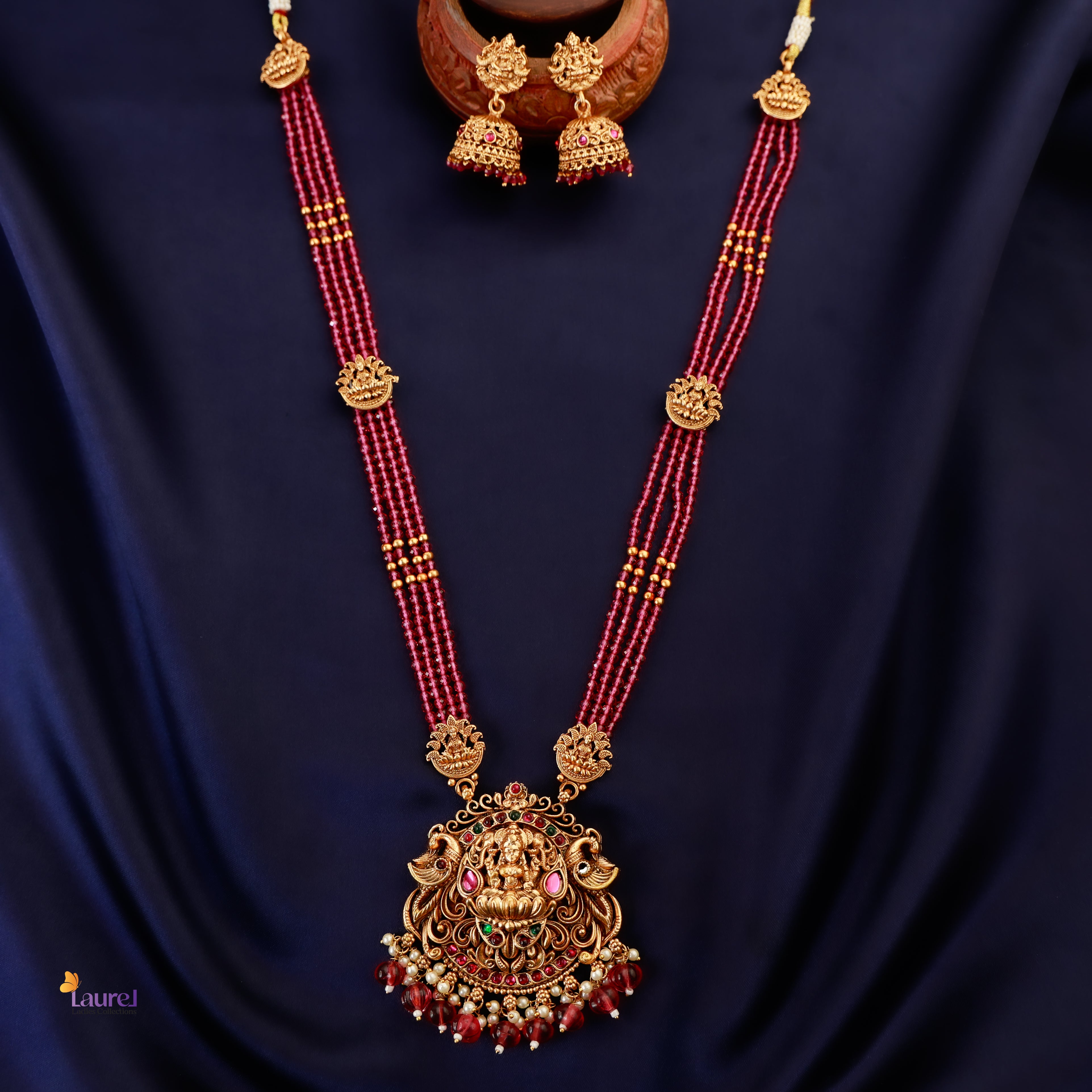 Lotus Devi Beaded Long Neckpiece with Jhumka