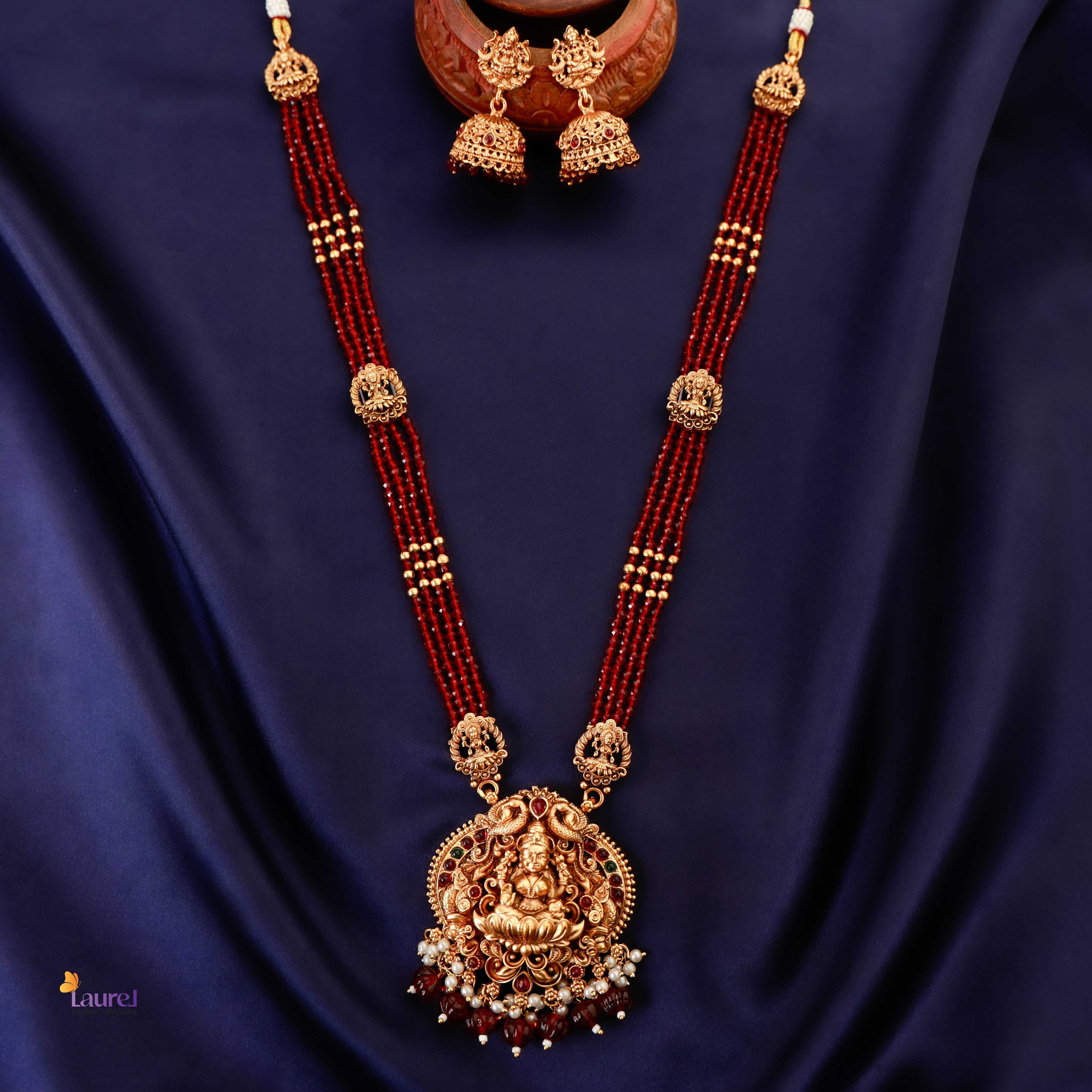 Lotus Devi Beaded Long Neckpiece with Jhumka