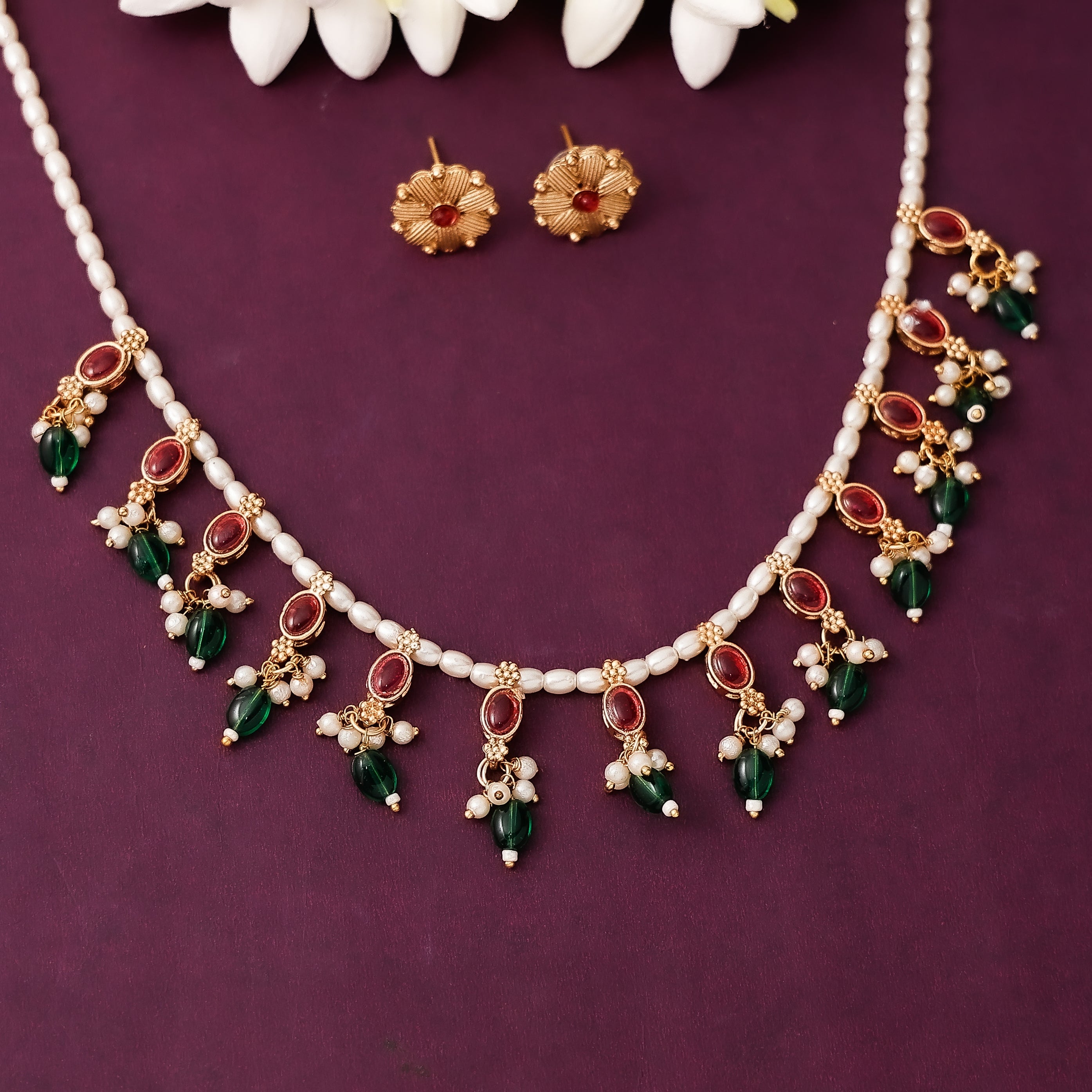 Floral Beaded Necklace With Earrings