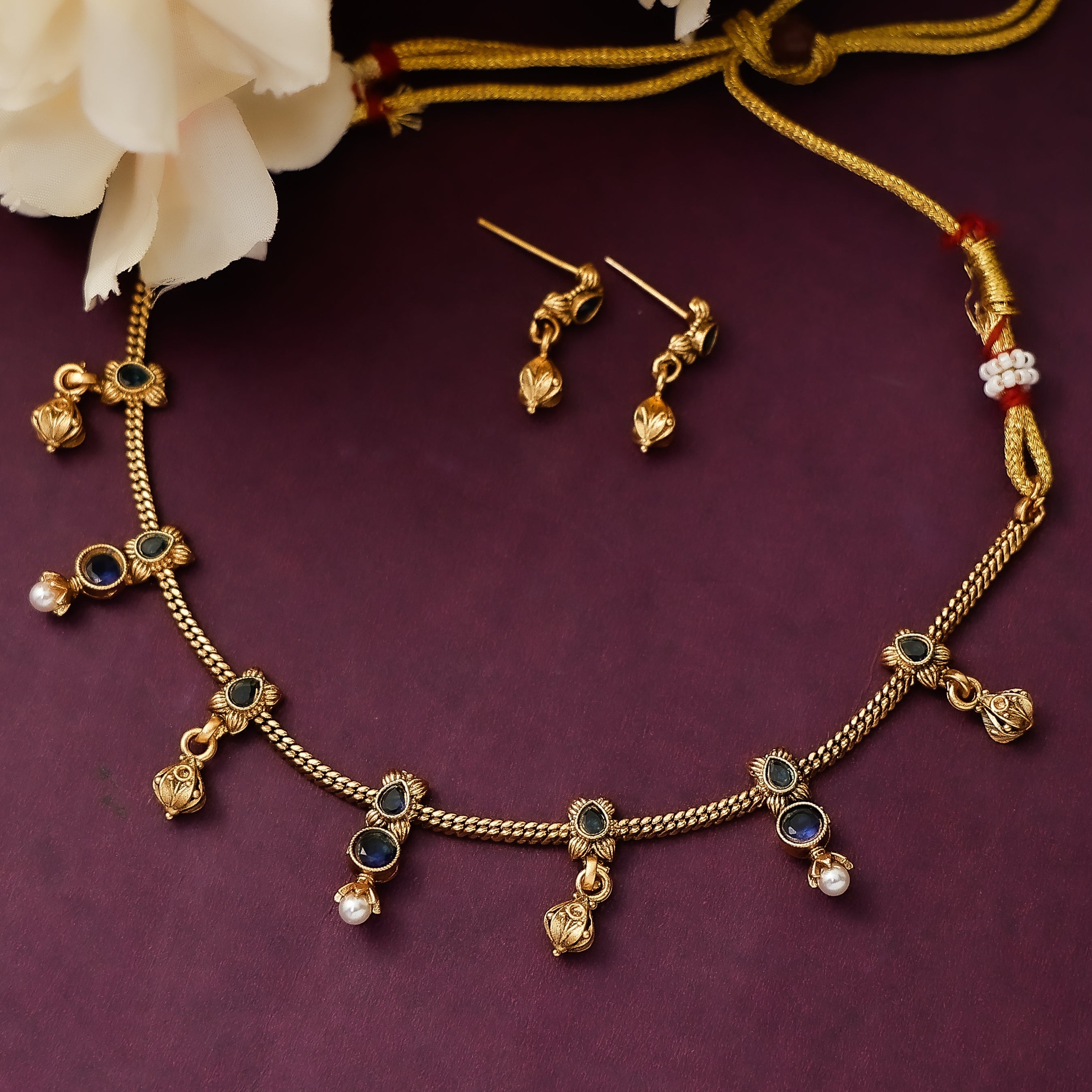 Blue Stone Pearl Drop Necklace Set With Earrings