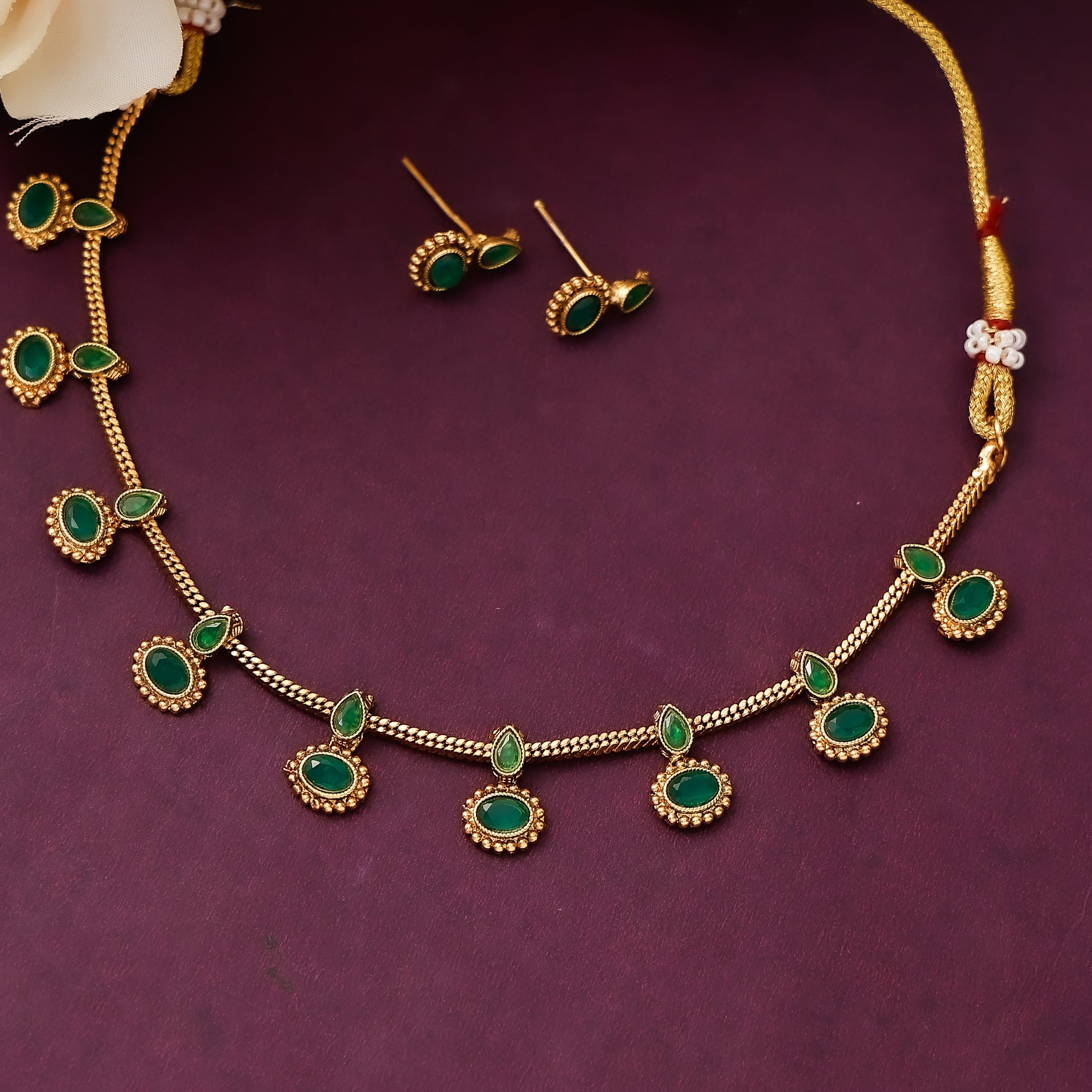 Traditional Green stone Necklace with Earrings