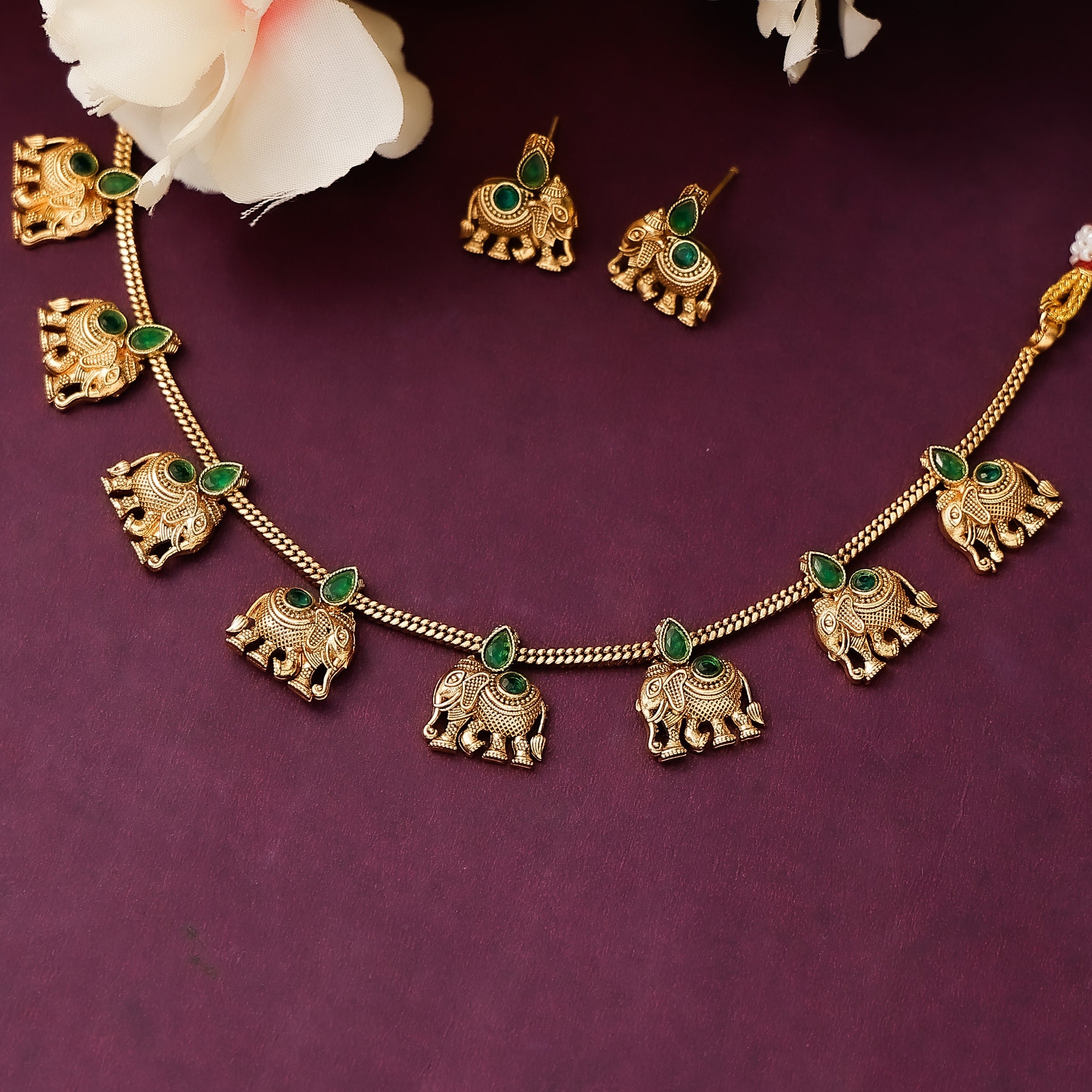 Antique Elephant Chain Necklace Set with Earrings