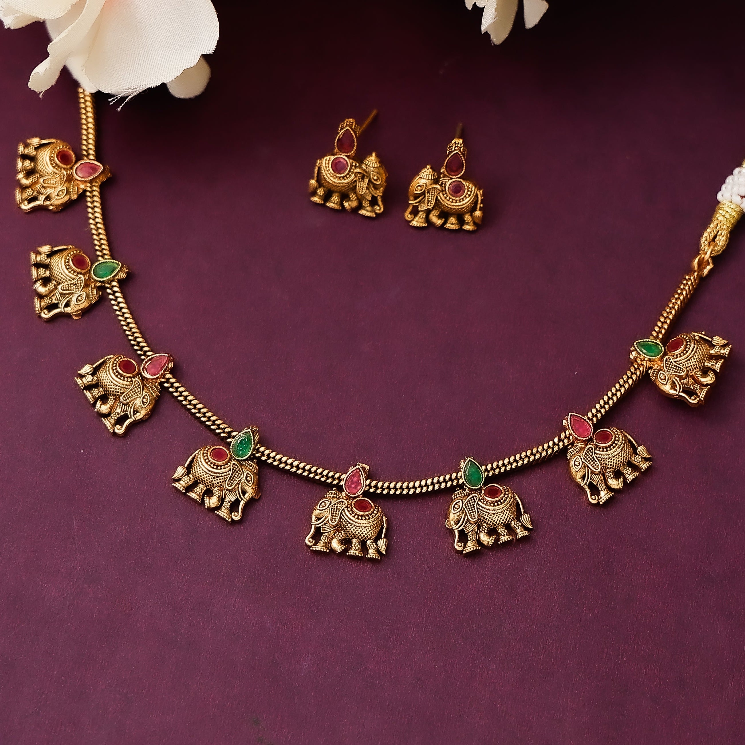 Antique Elephant Chain Necklace Set with Earrings