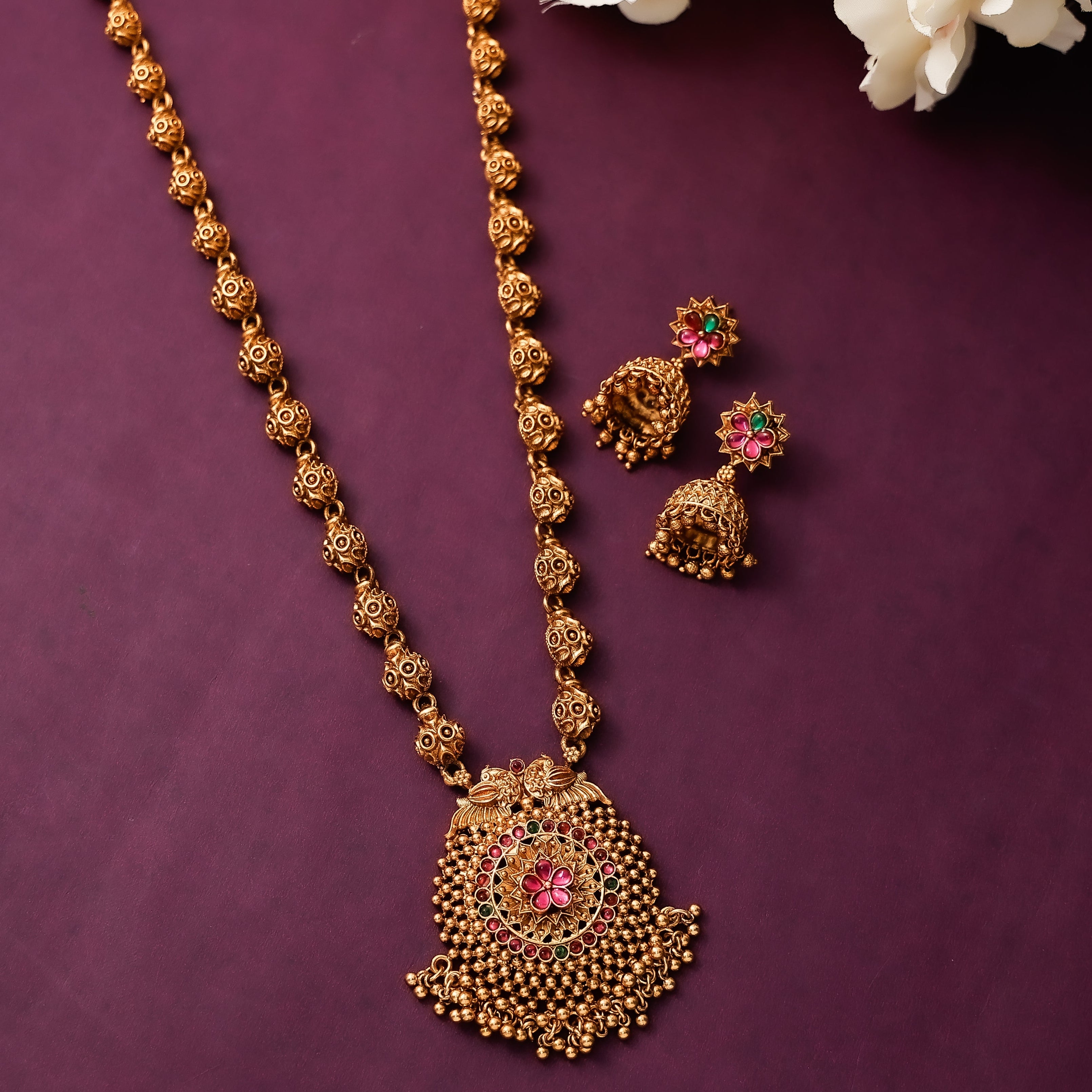 Antique Flower Pendant Long Haaram With Earrings