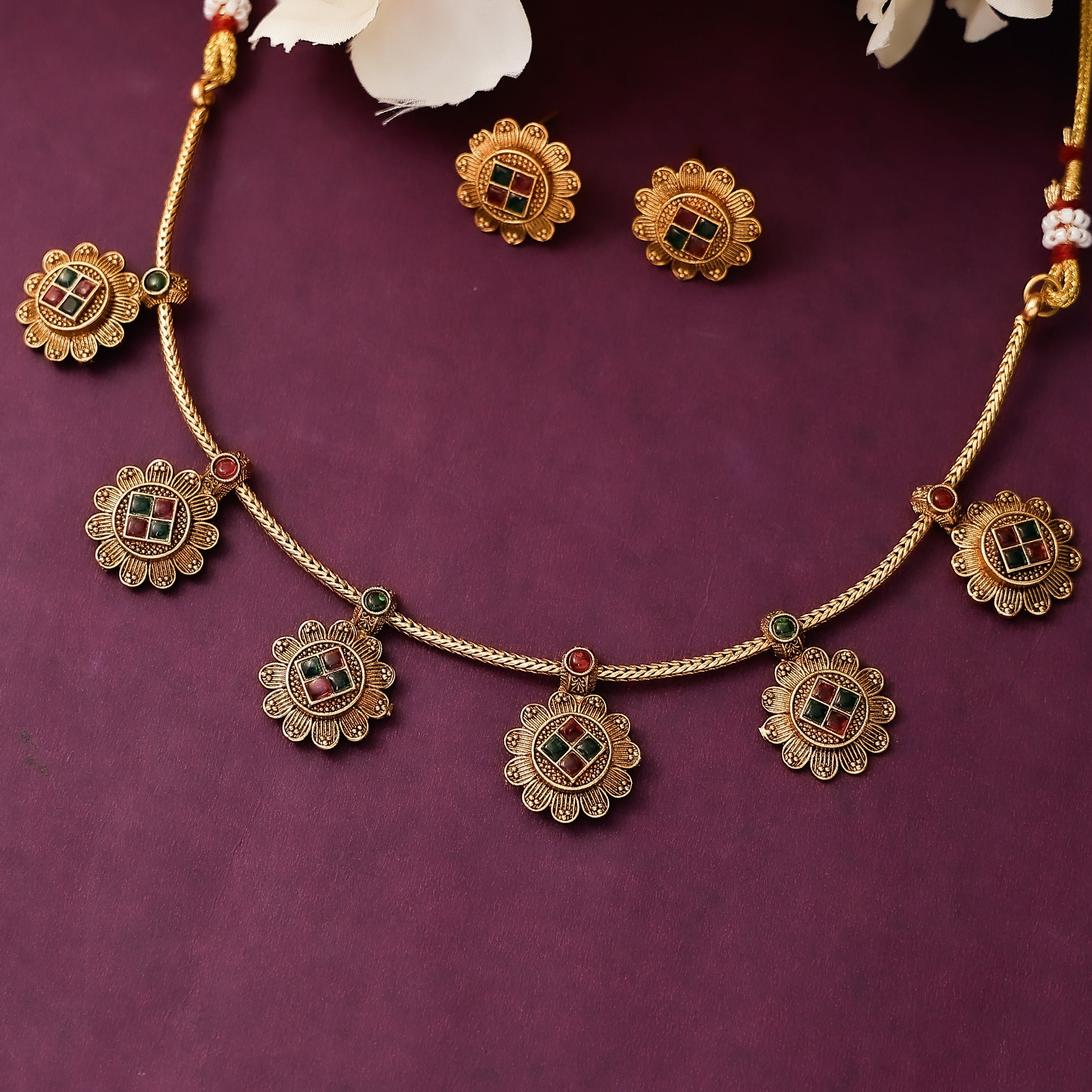 Flower Stone Simple Chain Necklace With Earrings