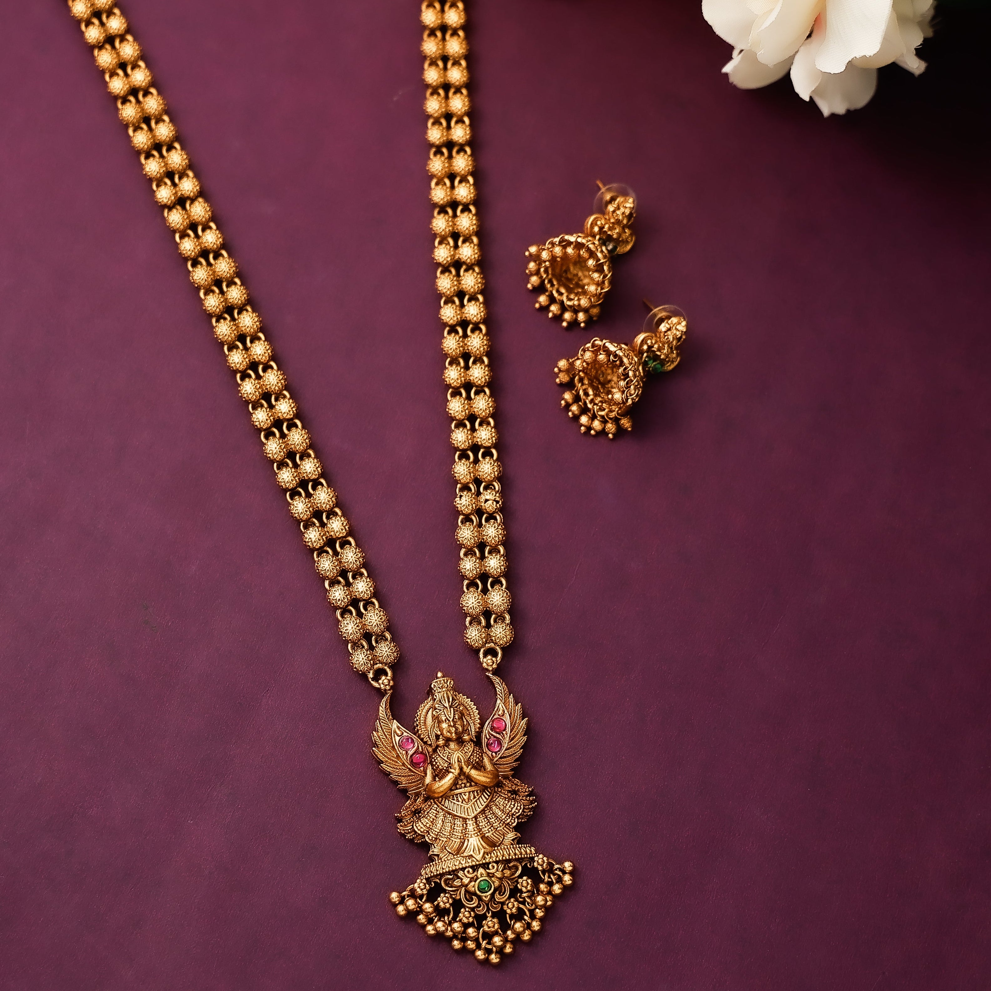 Antique Devi Pendant Long Haaram With Earrings