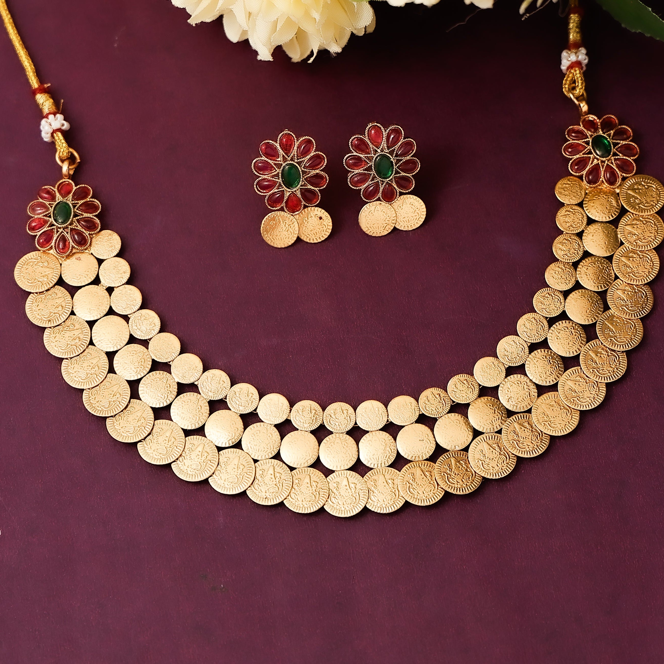 Multi Layer Coin Flower Necklace With Earrings