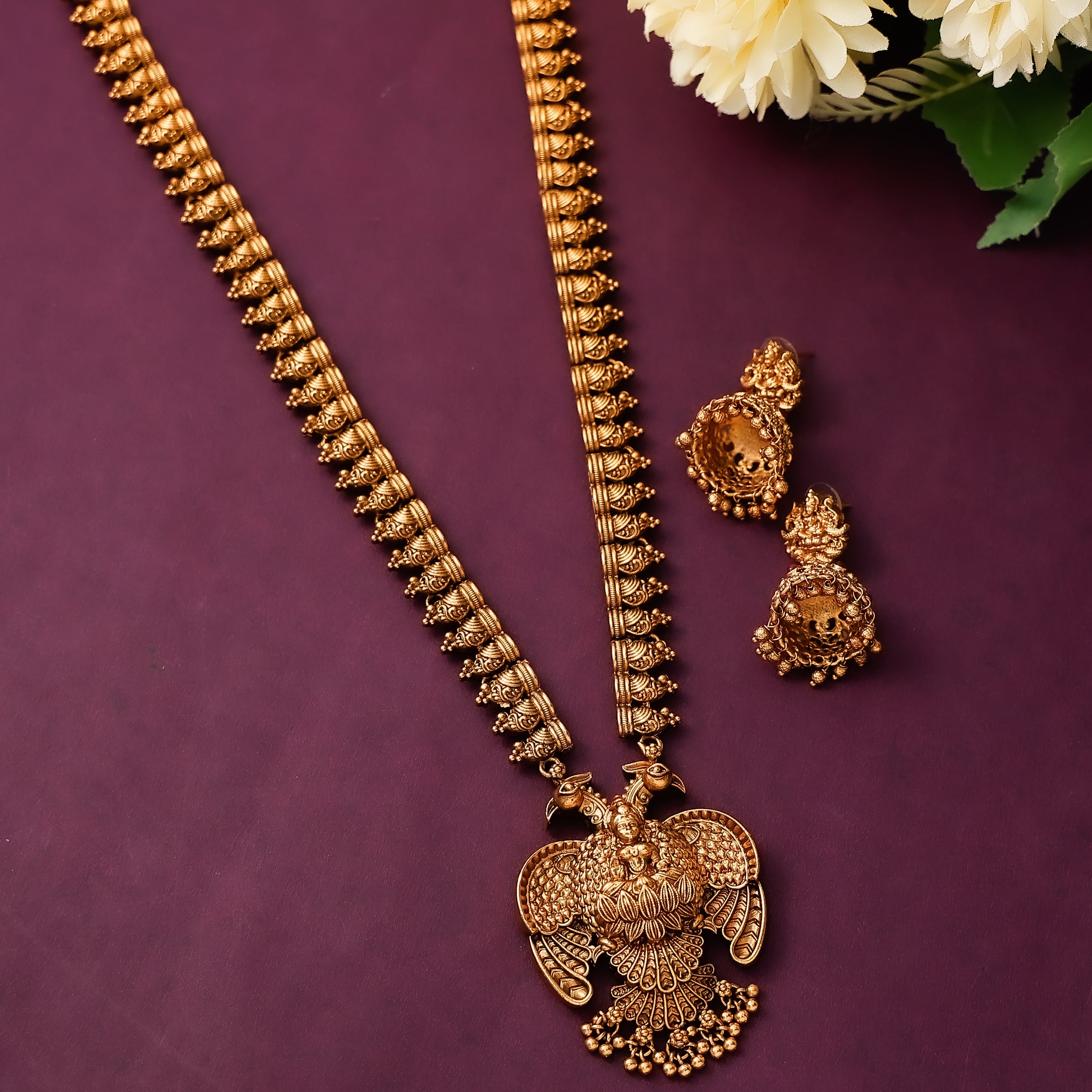 Traditional Temple Gold Long Haaram With Earrings