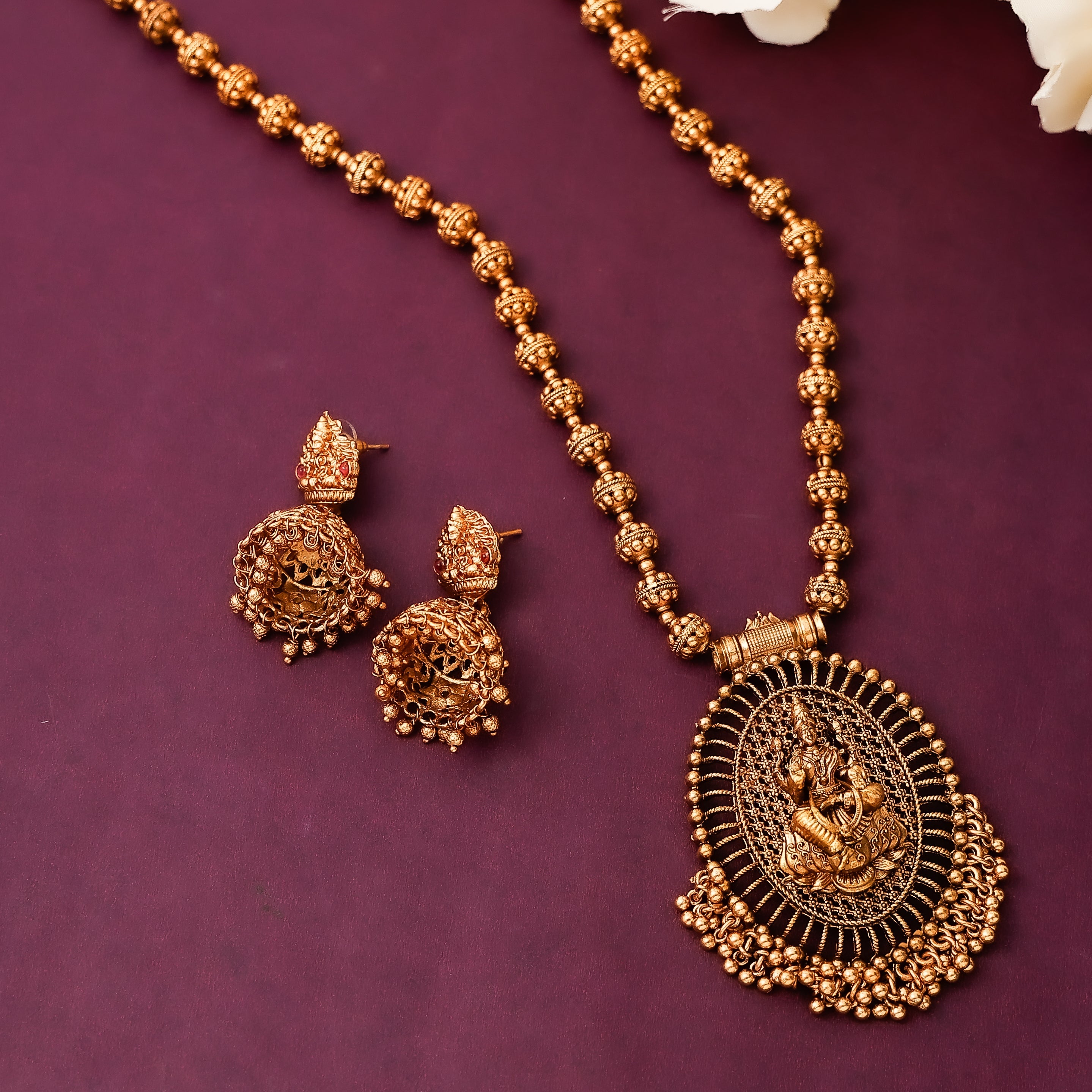Antique Goddess Pendant Long Haaram With Earrings