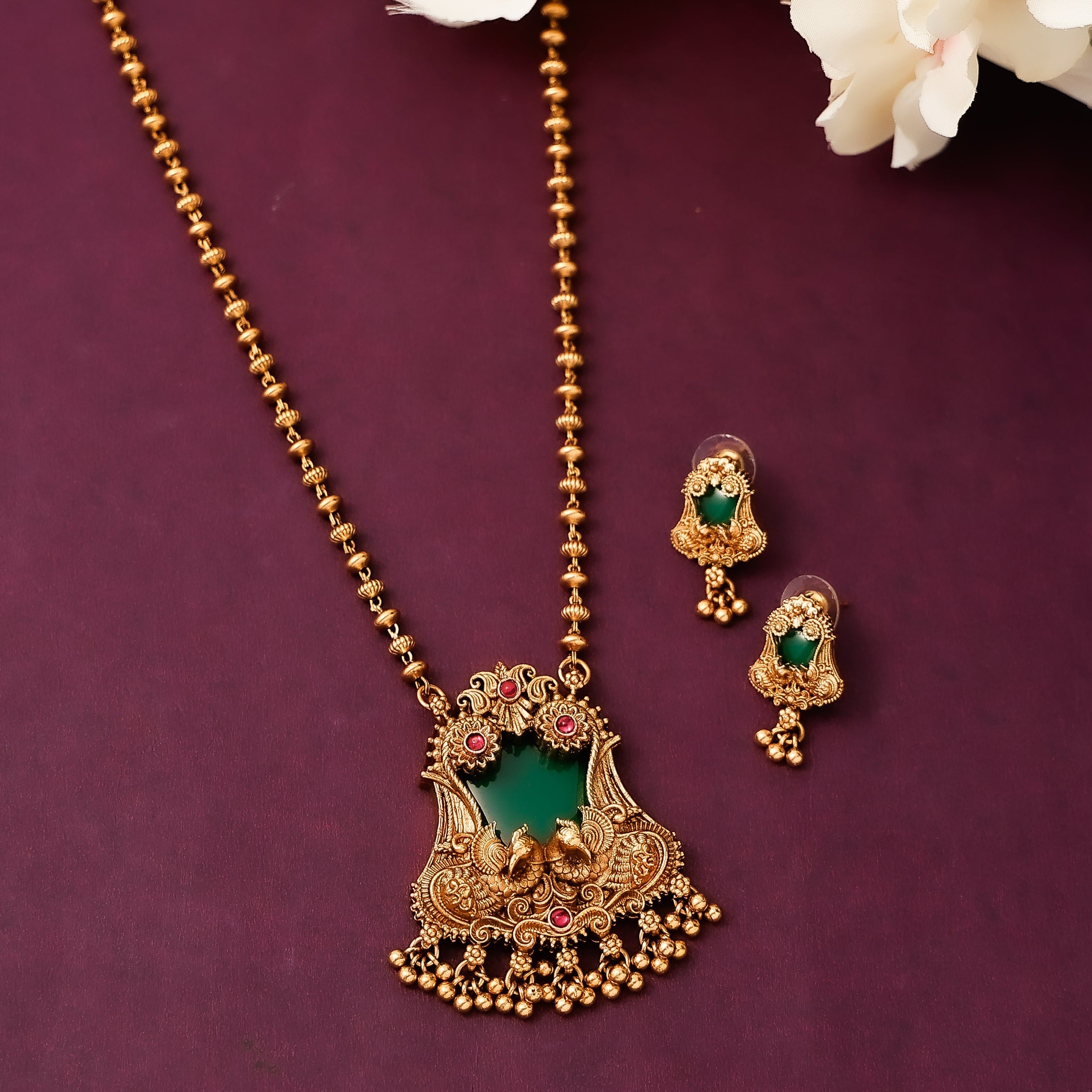 Antique Green Stone Pendant Long Haaram with Earrings