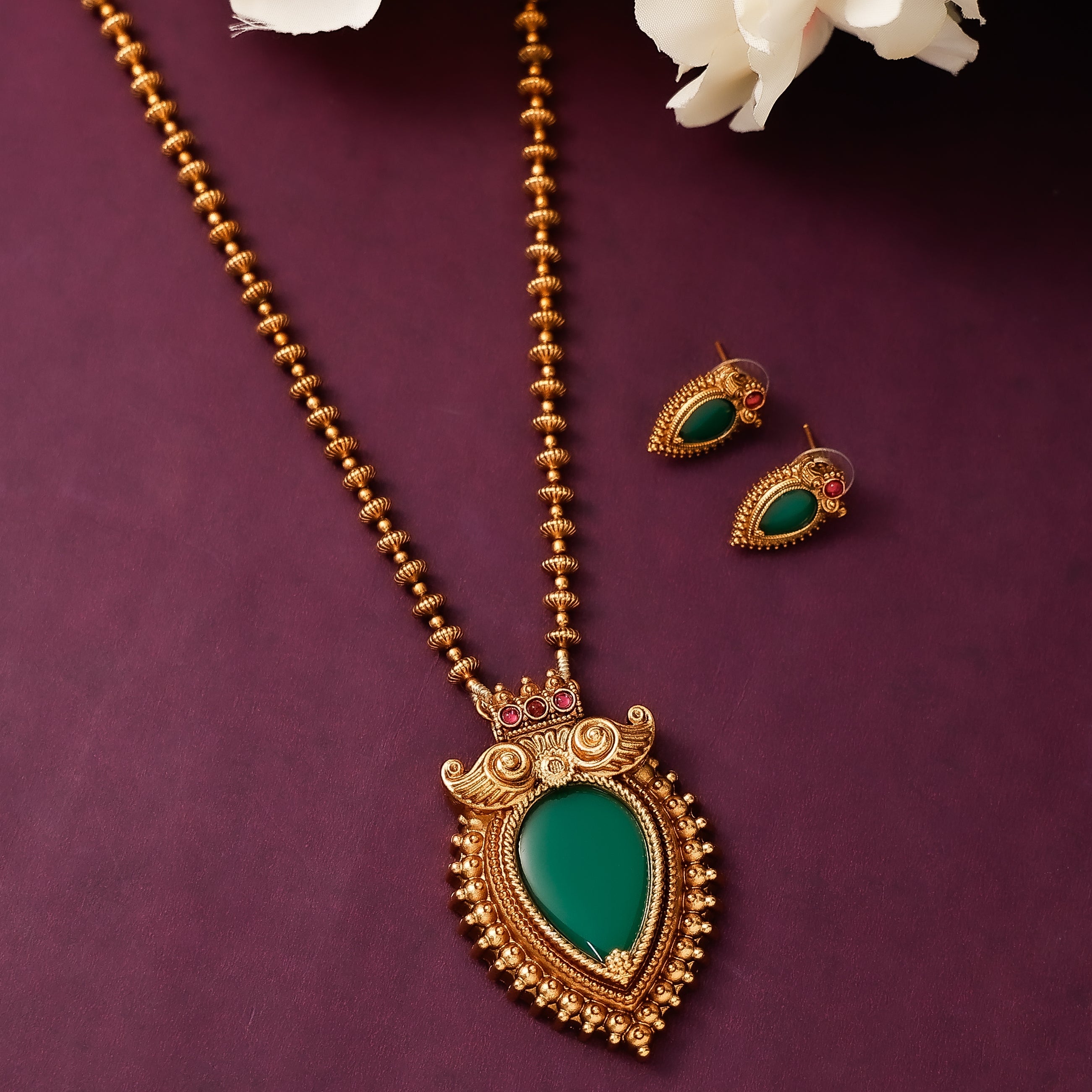 Antique Green Stone Pendant Long Haaram with Earrings