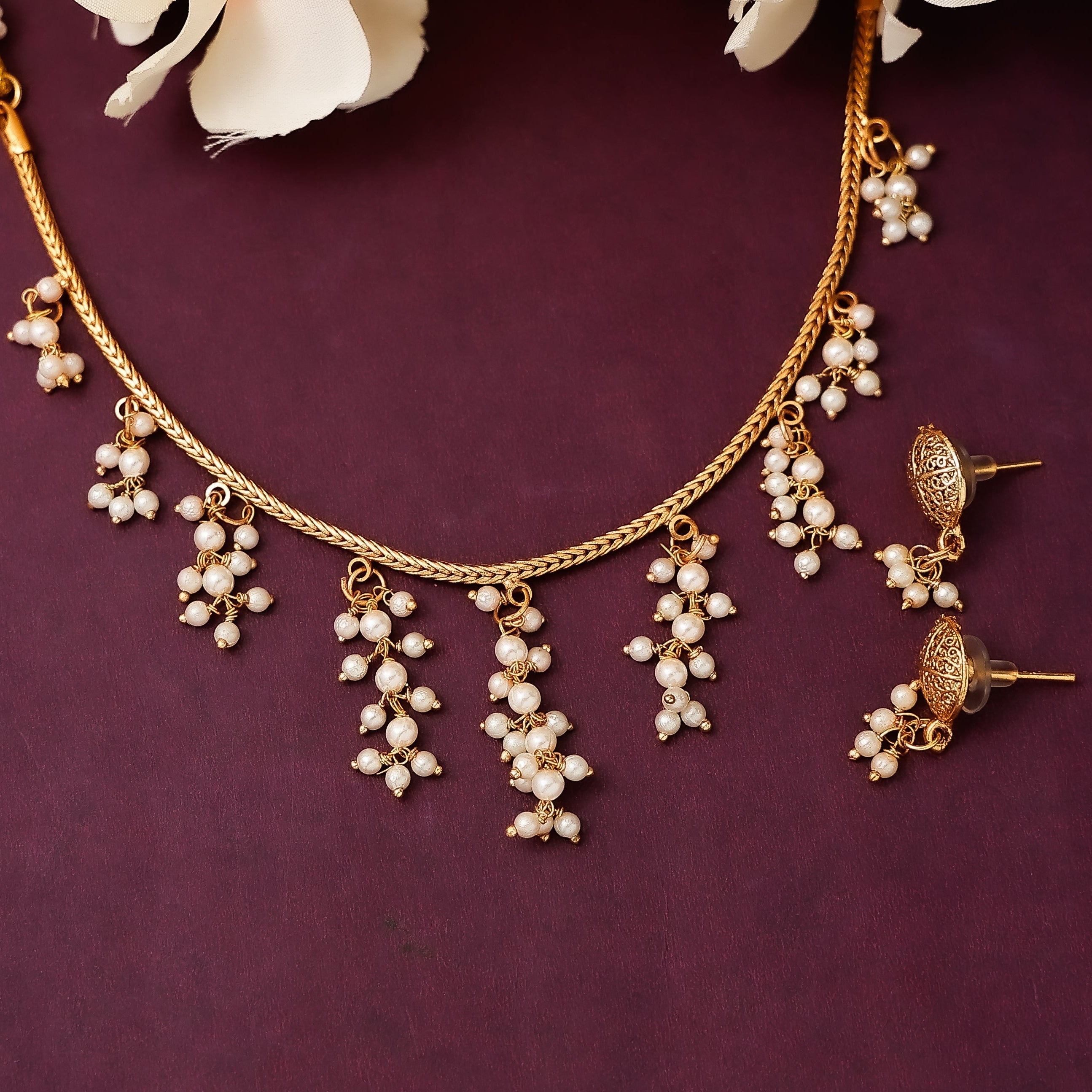 Traditional Pearl Cluster Necklace Set With Earrings