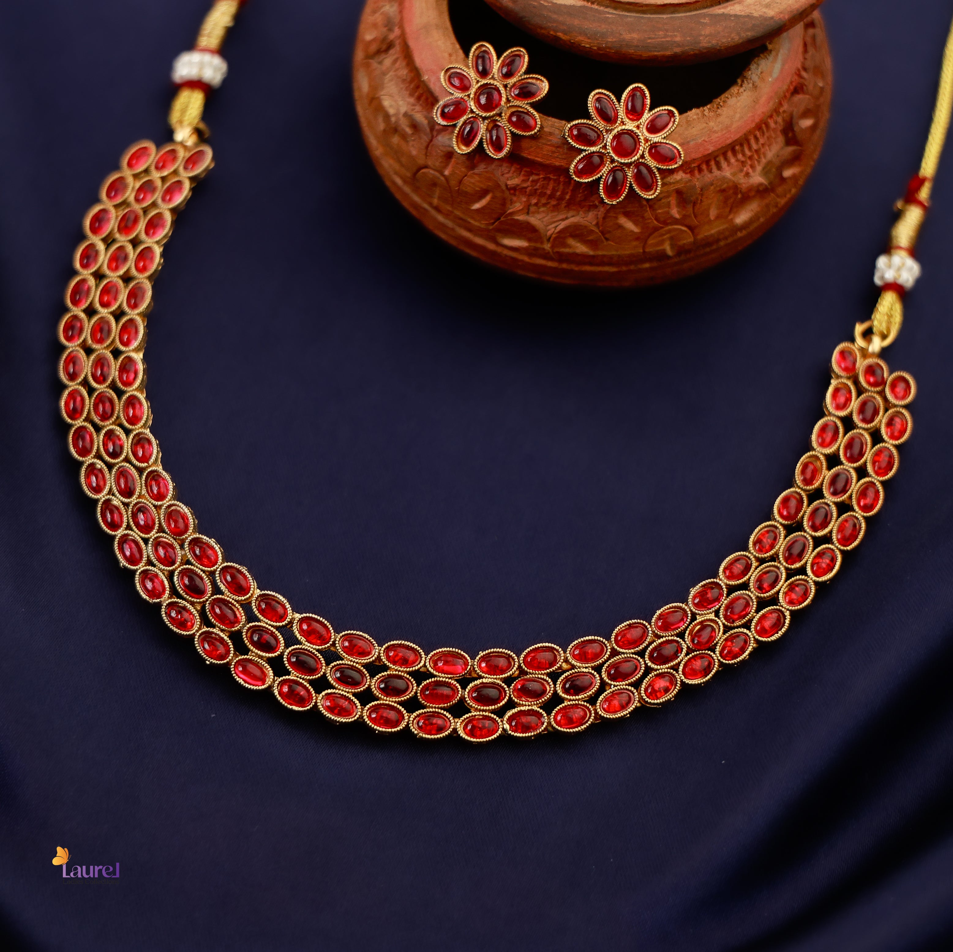 3 Layer Kemp Stone Short Neckpiece with Earring