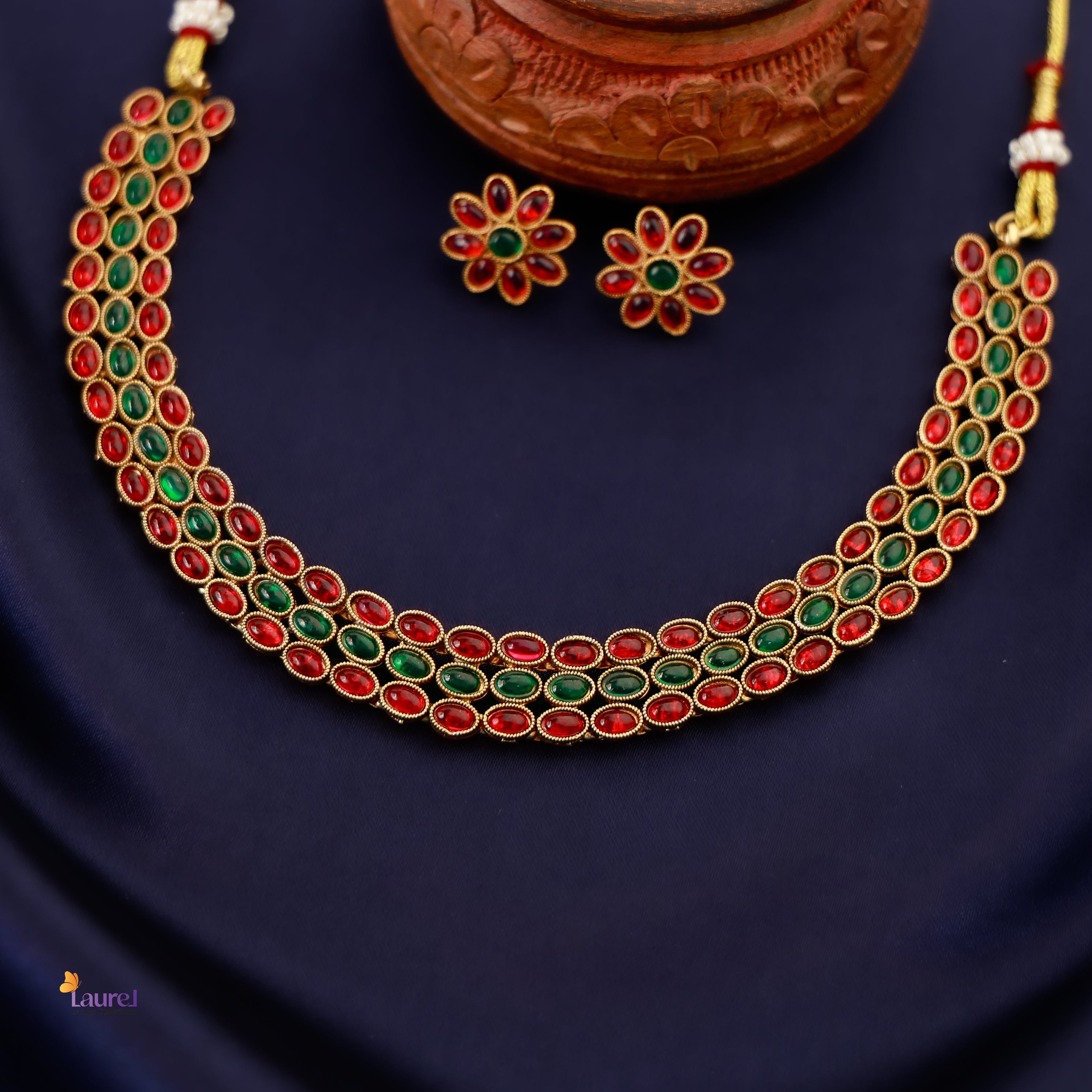 3 Layer Kemp Stone Short Neckpiece with Earring