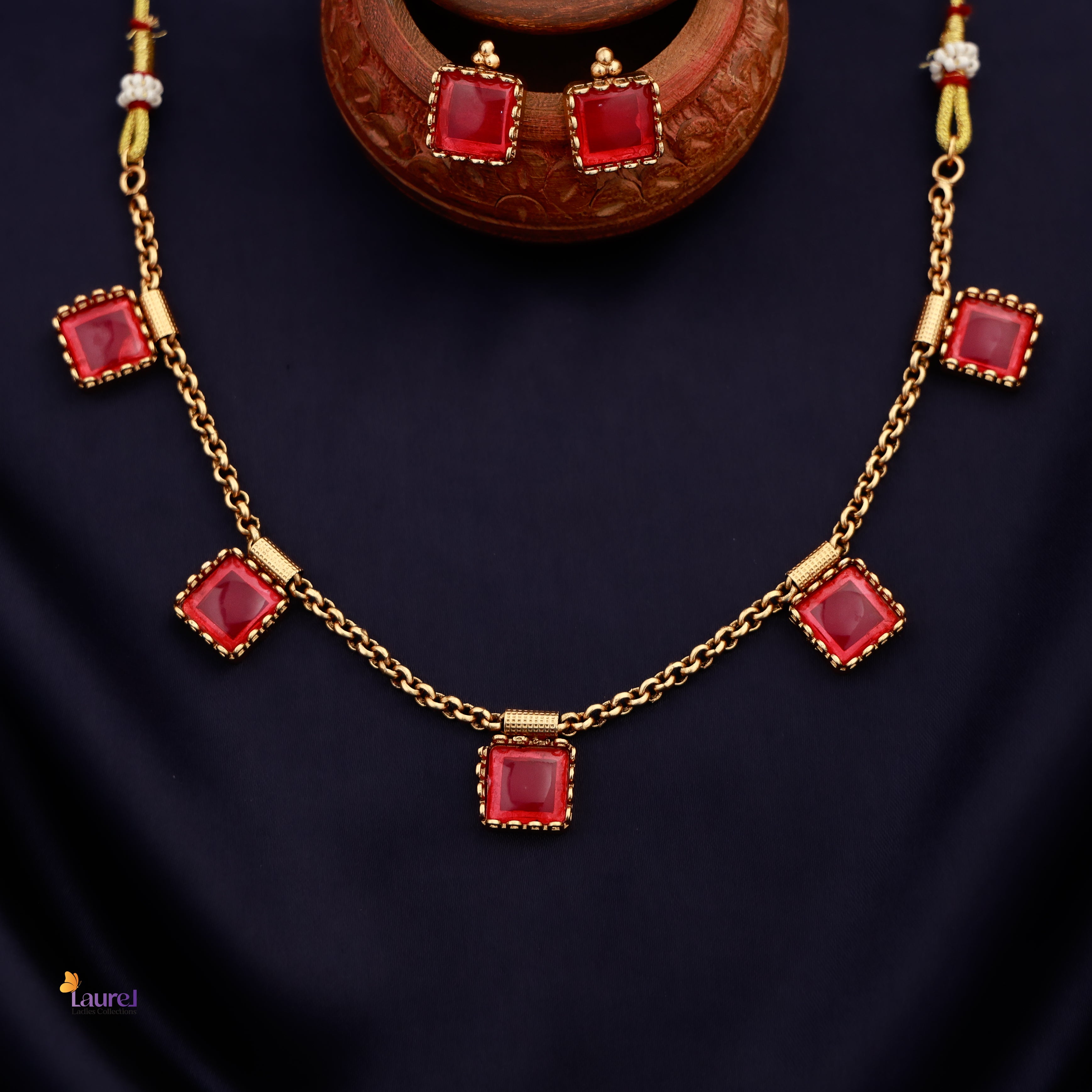 Square 5 Stone Short Neckpiece with Earring