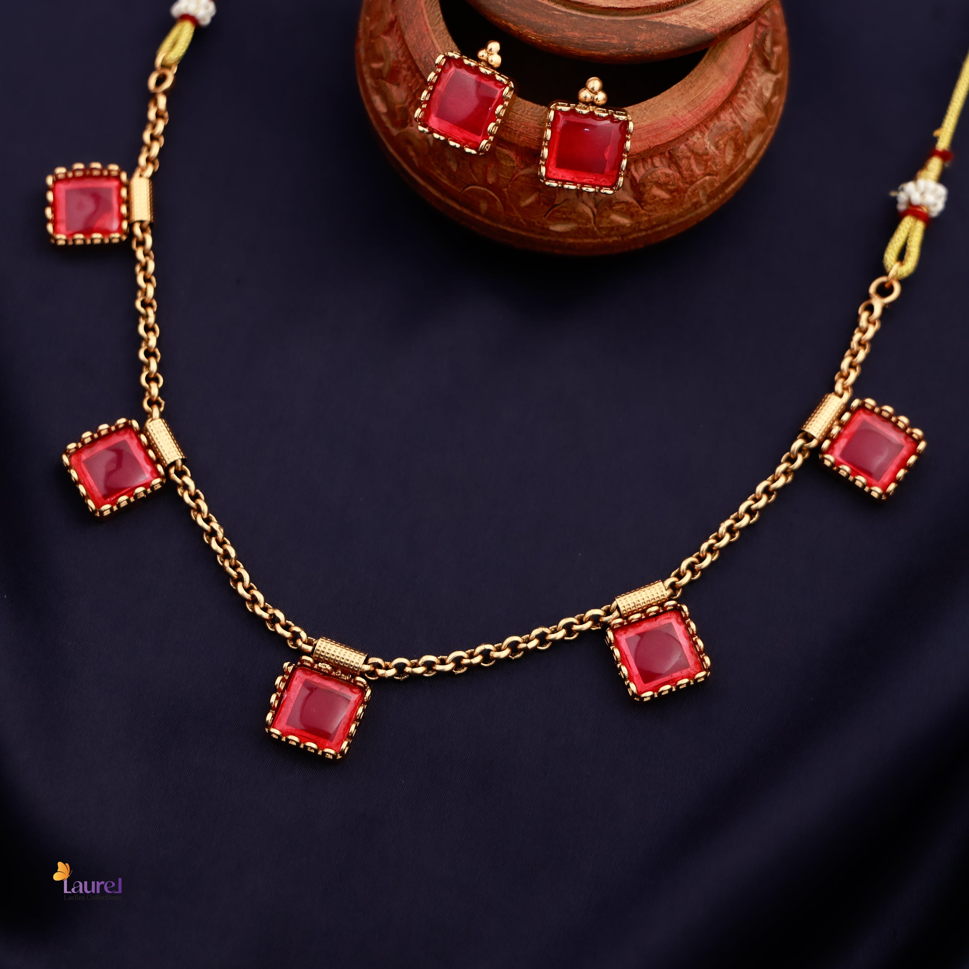 Square 5 Stone Short Neckpiece with Earring