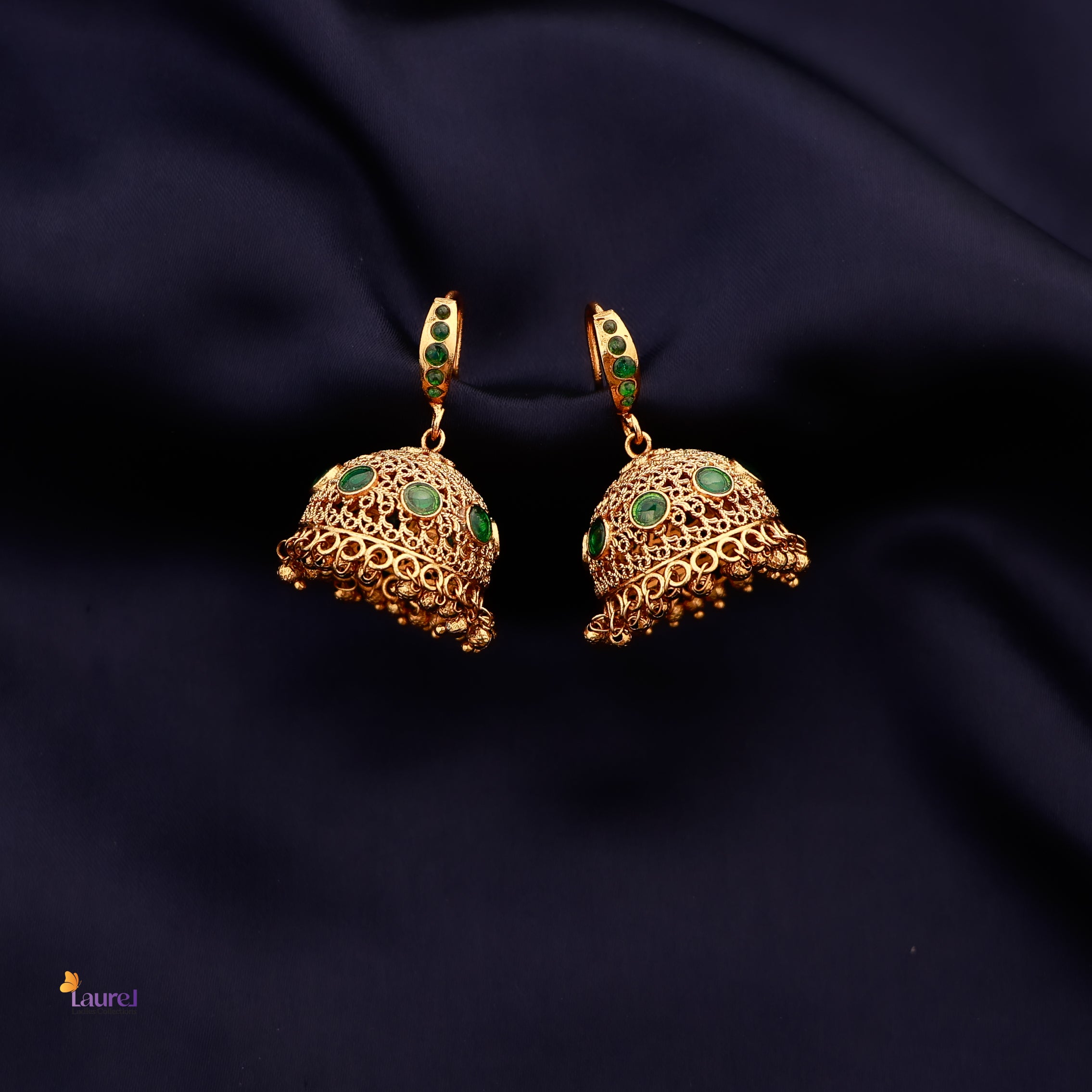 Elegant ethnic hook style jhumka earrings in gold finish