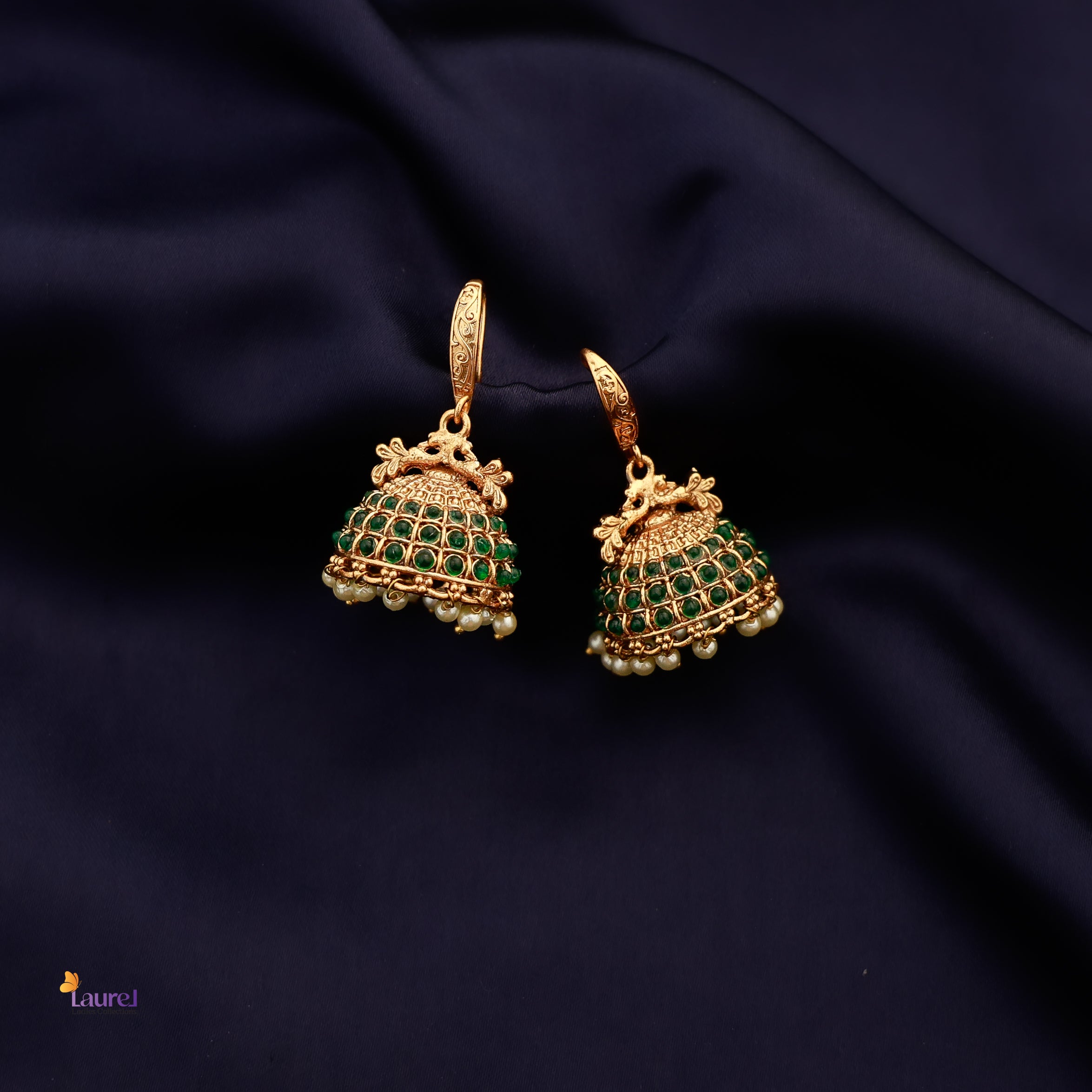 Golden Kemp Stone Hook Jhumkas