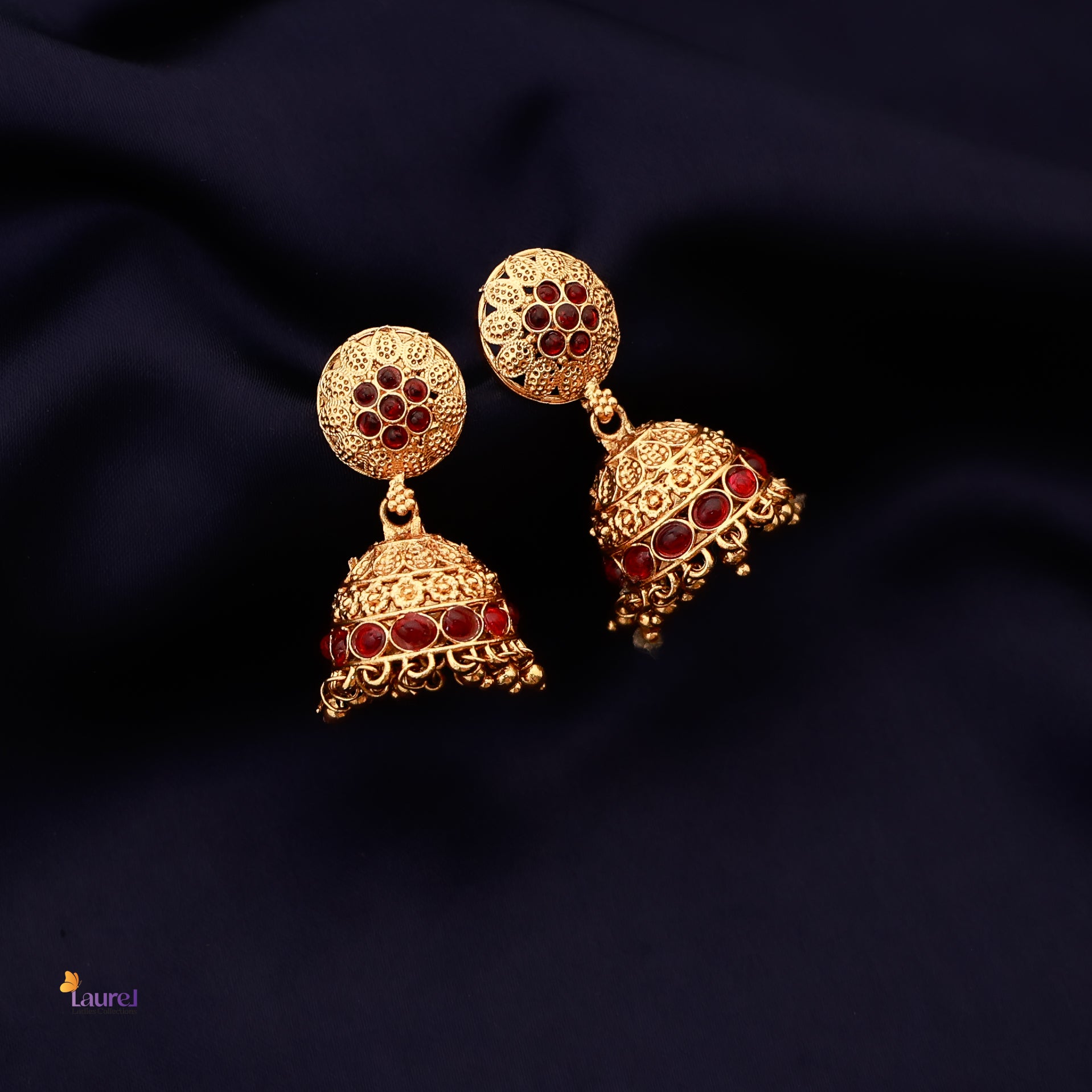 Elegant floral jhumka earrings with golden bead detailing