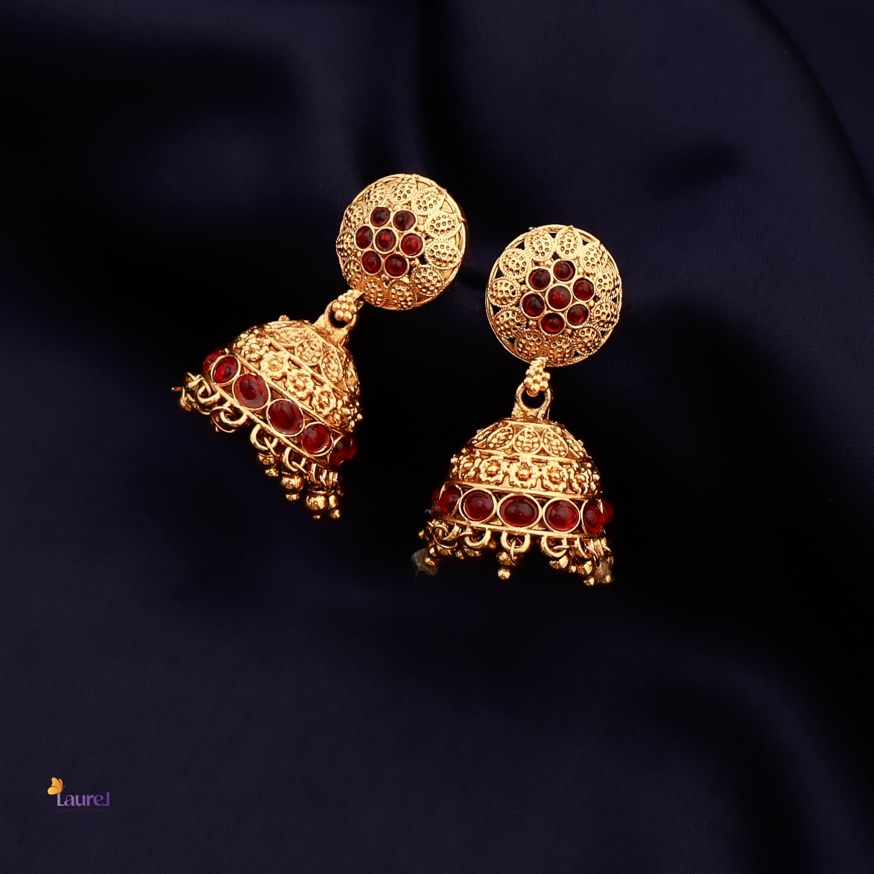 Gold toned floral jhumkas for festive and wedding wear