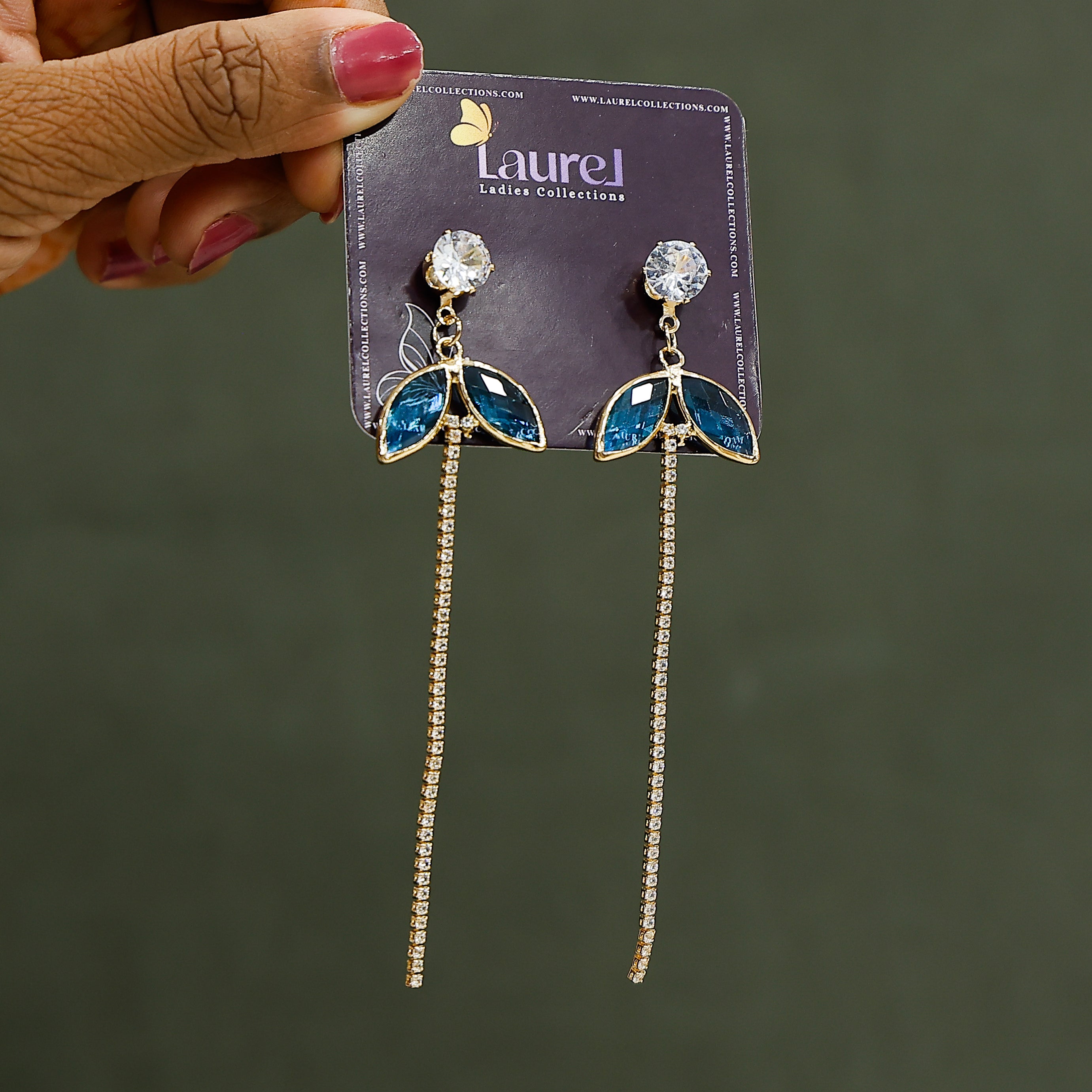Elegant blue stone statement earrings close-up