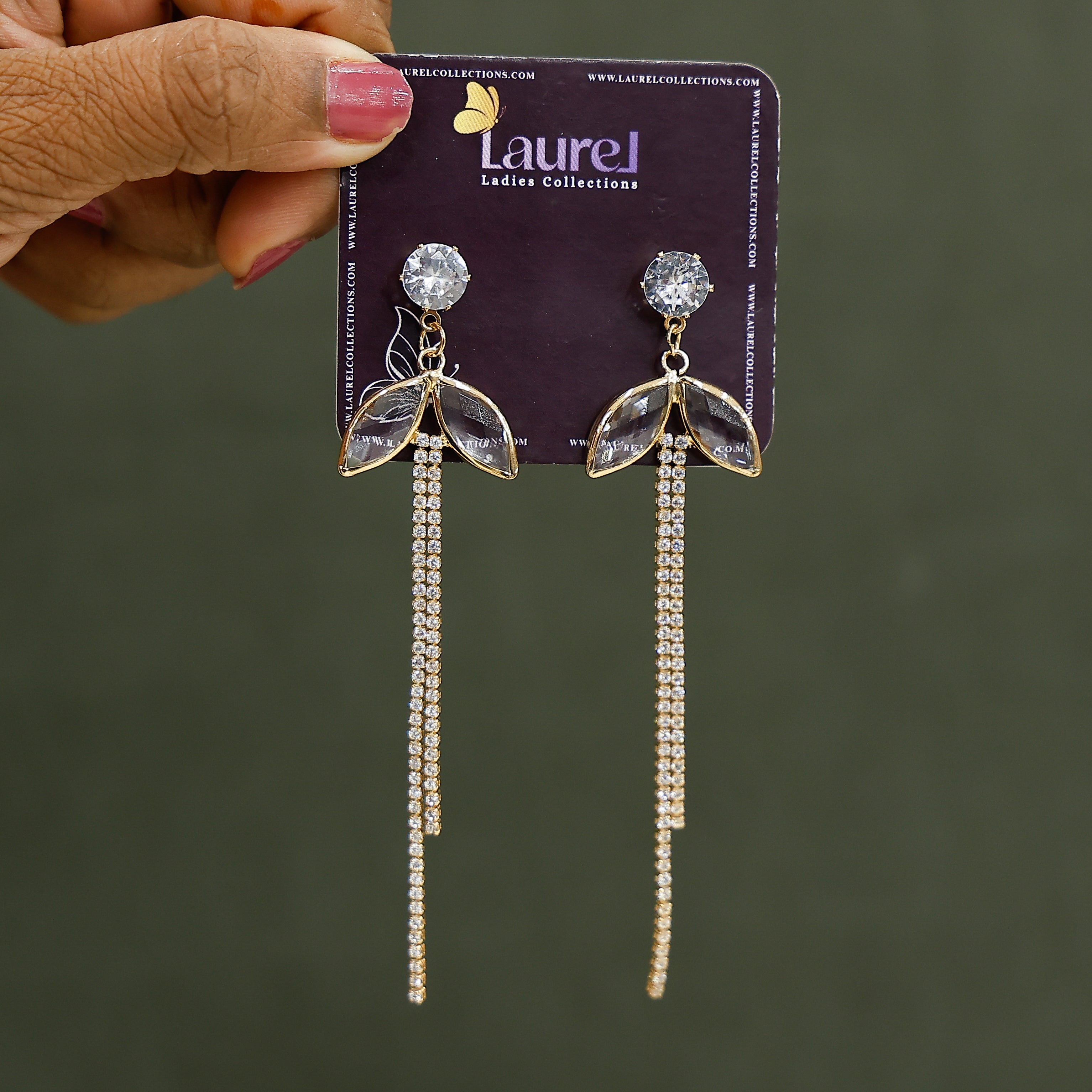 Sparkling crystal transparent earrings close-up view