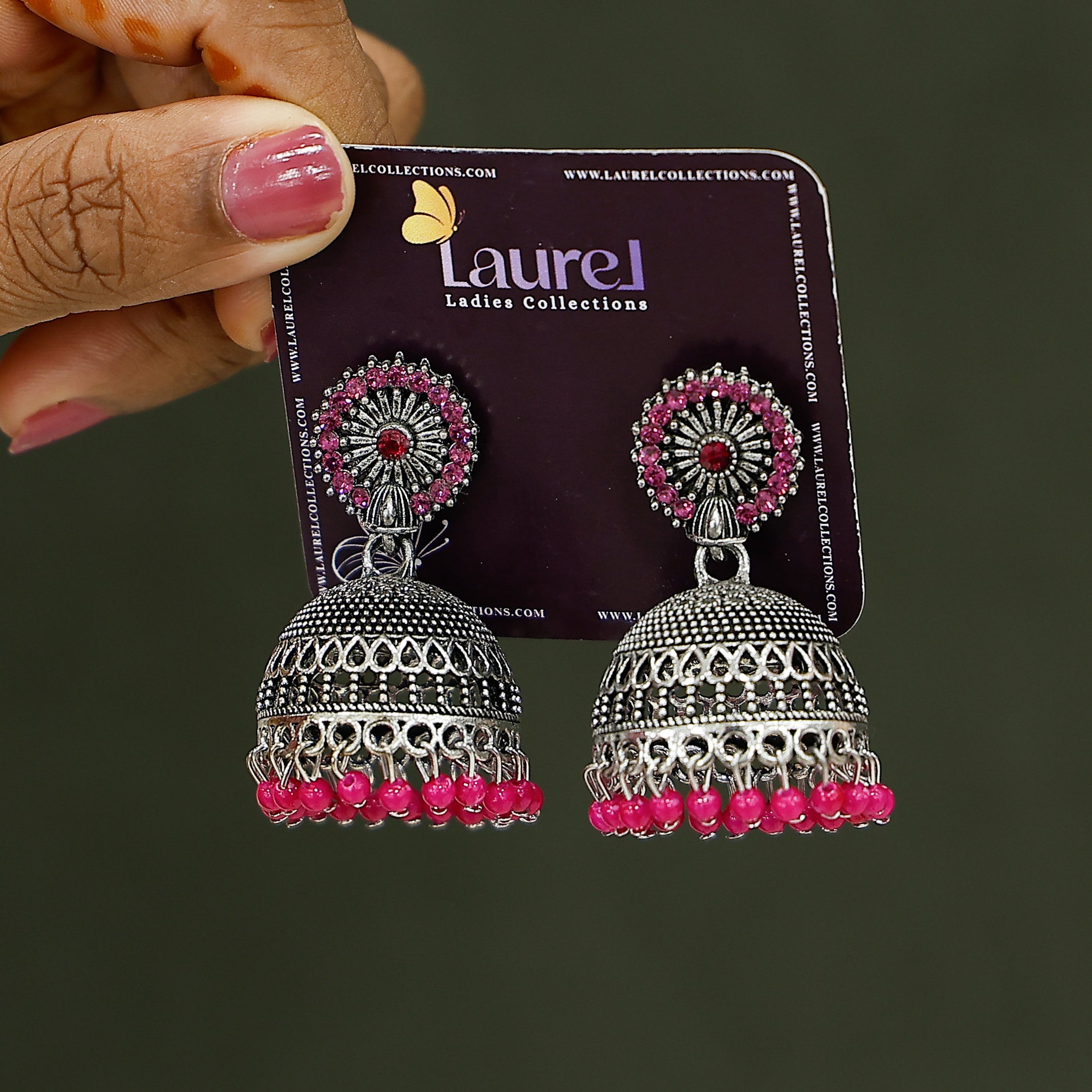 Traditional oxidised silver pink jhumkas for women