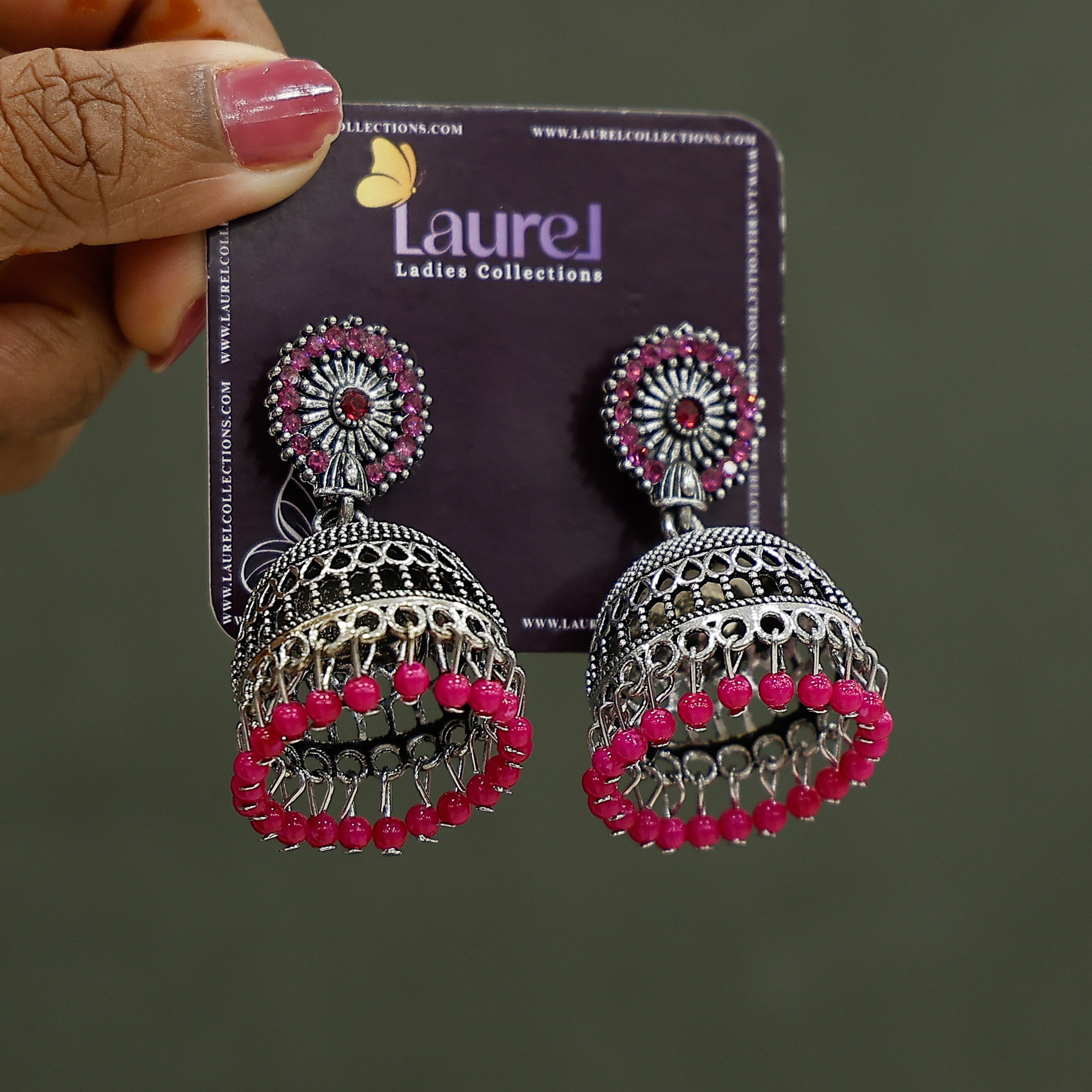 Oxidised pink jhumkas for women with traditional design