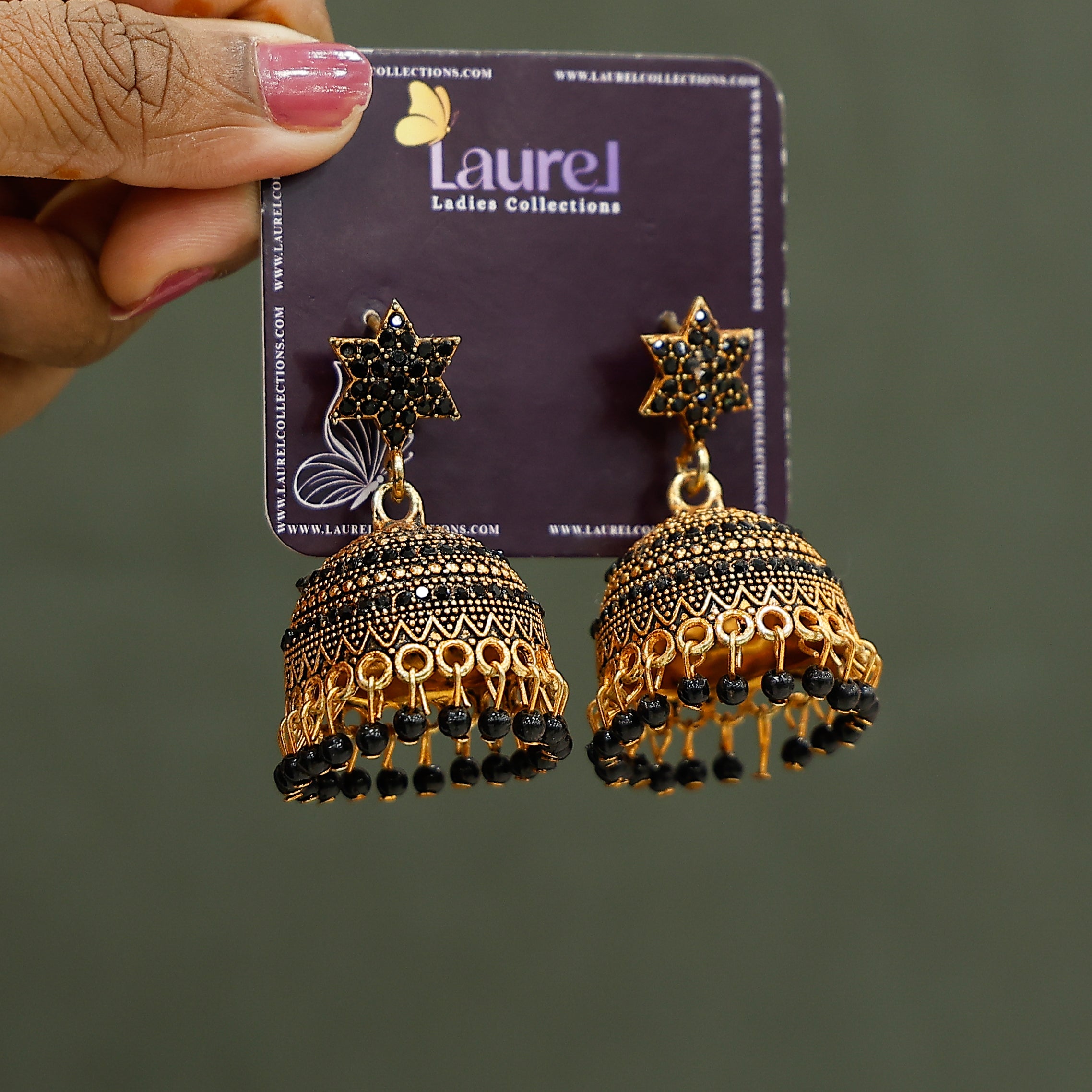Star golden black beaded jhumkas earrings for women