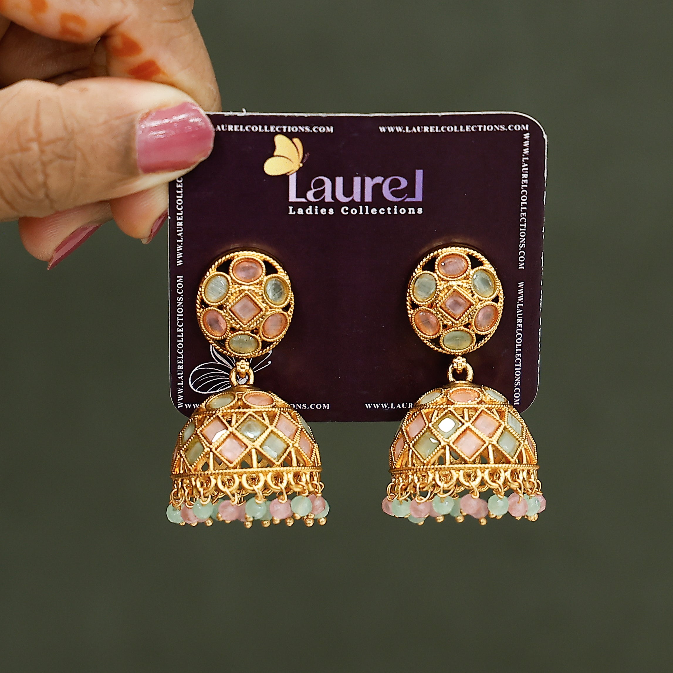 Stylish pastel beaded ethnic earrings close-up