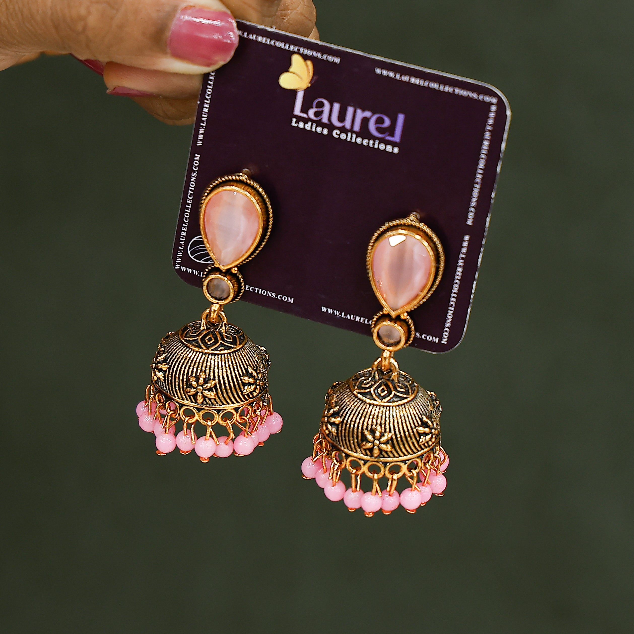 Pink stone pearl jhumkas traditional Indian earrings