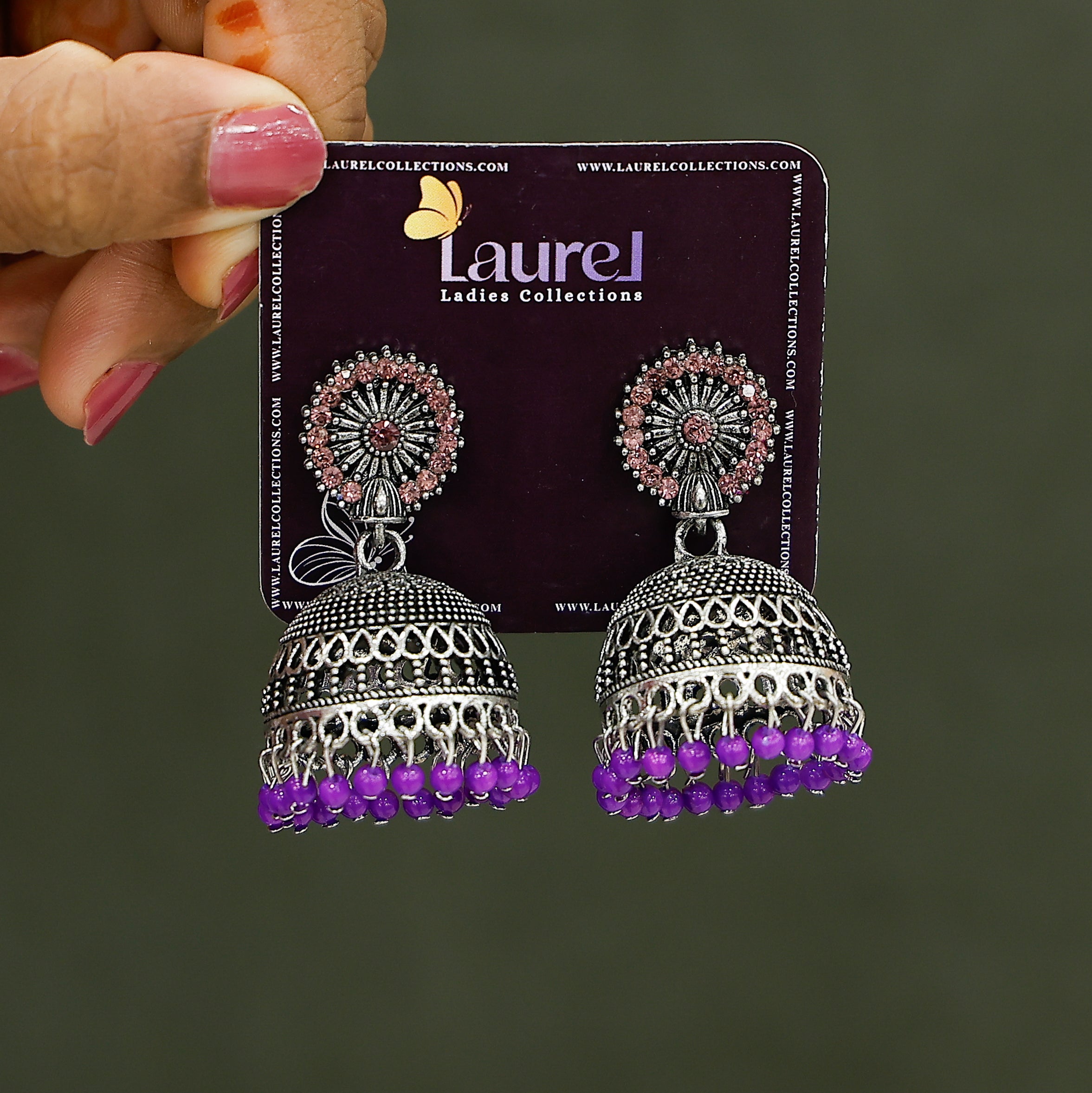 Ethnic silver oxidised jhumka earrings with colorful beads