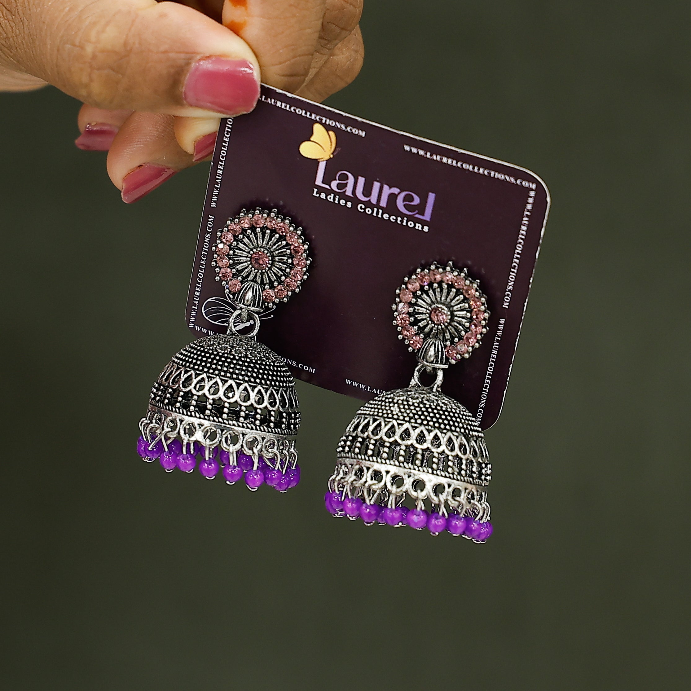 Traditional oxidised jhumkas with purple and pink detailing