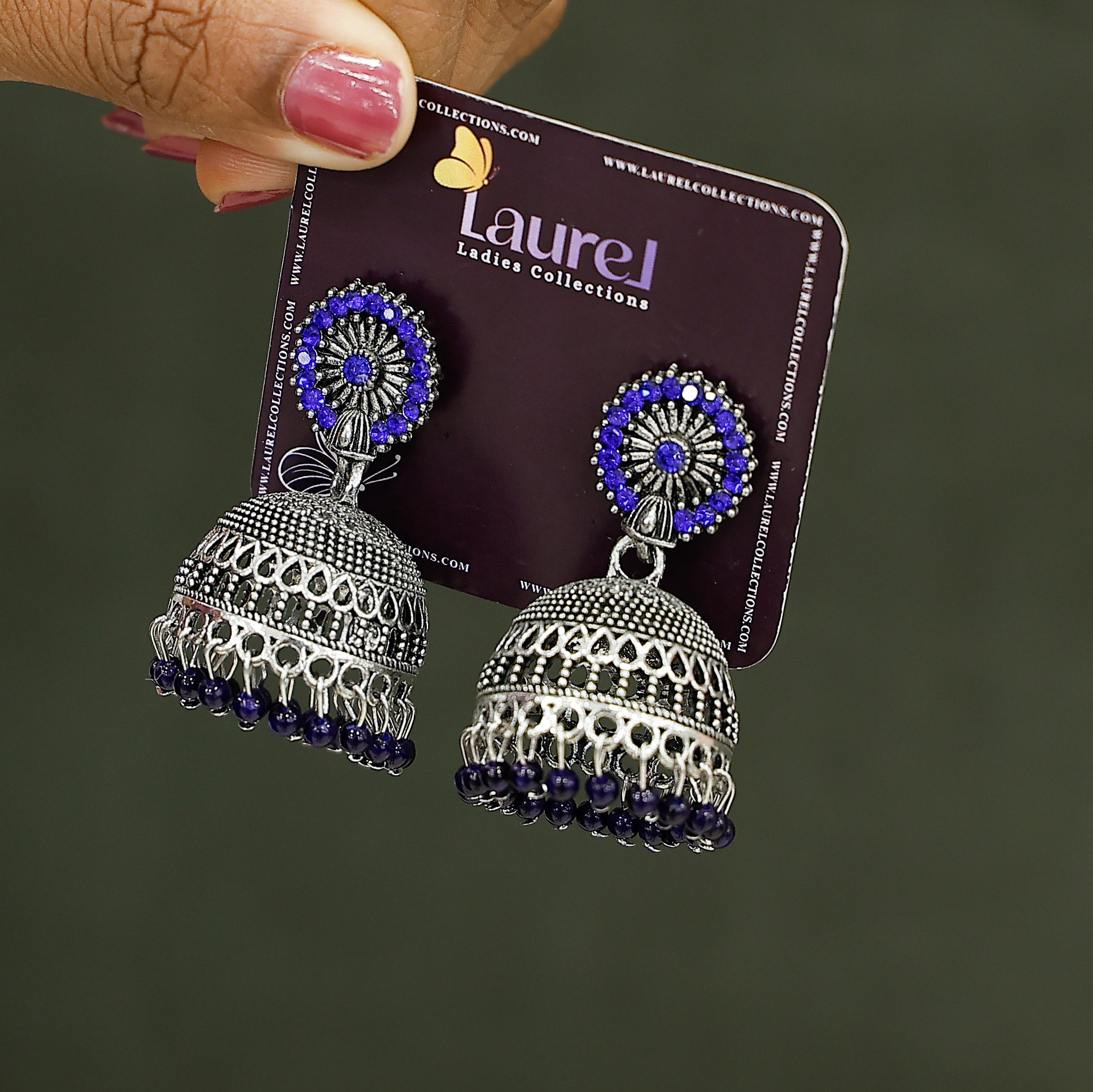 Royal Blue Oxidised Silver Jhumkas with ethnic design