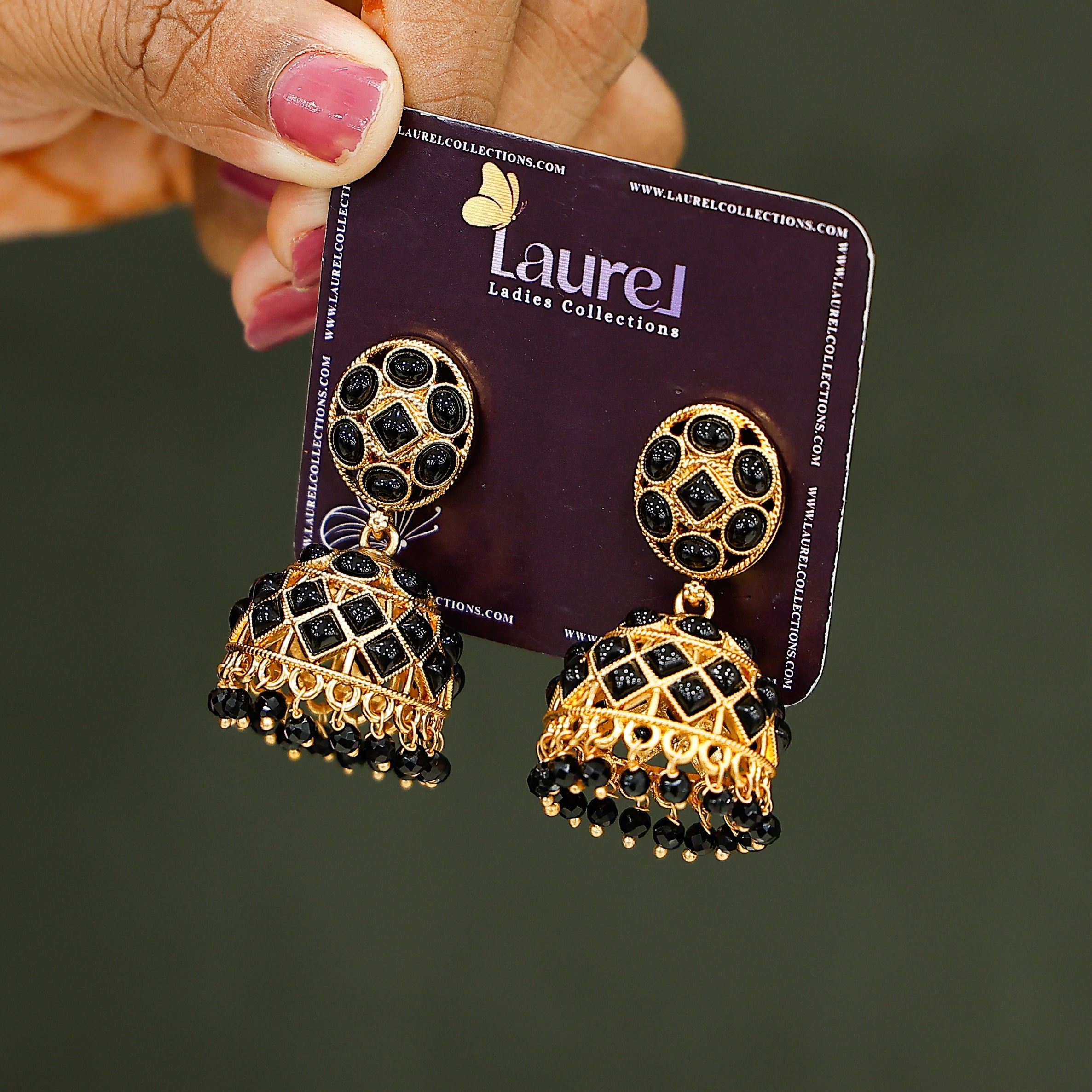 Elegant black stone jhumka earrings close-up