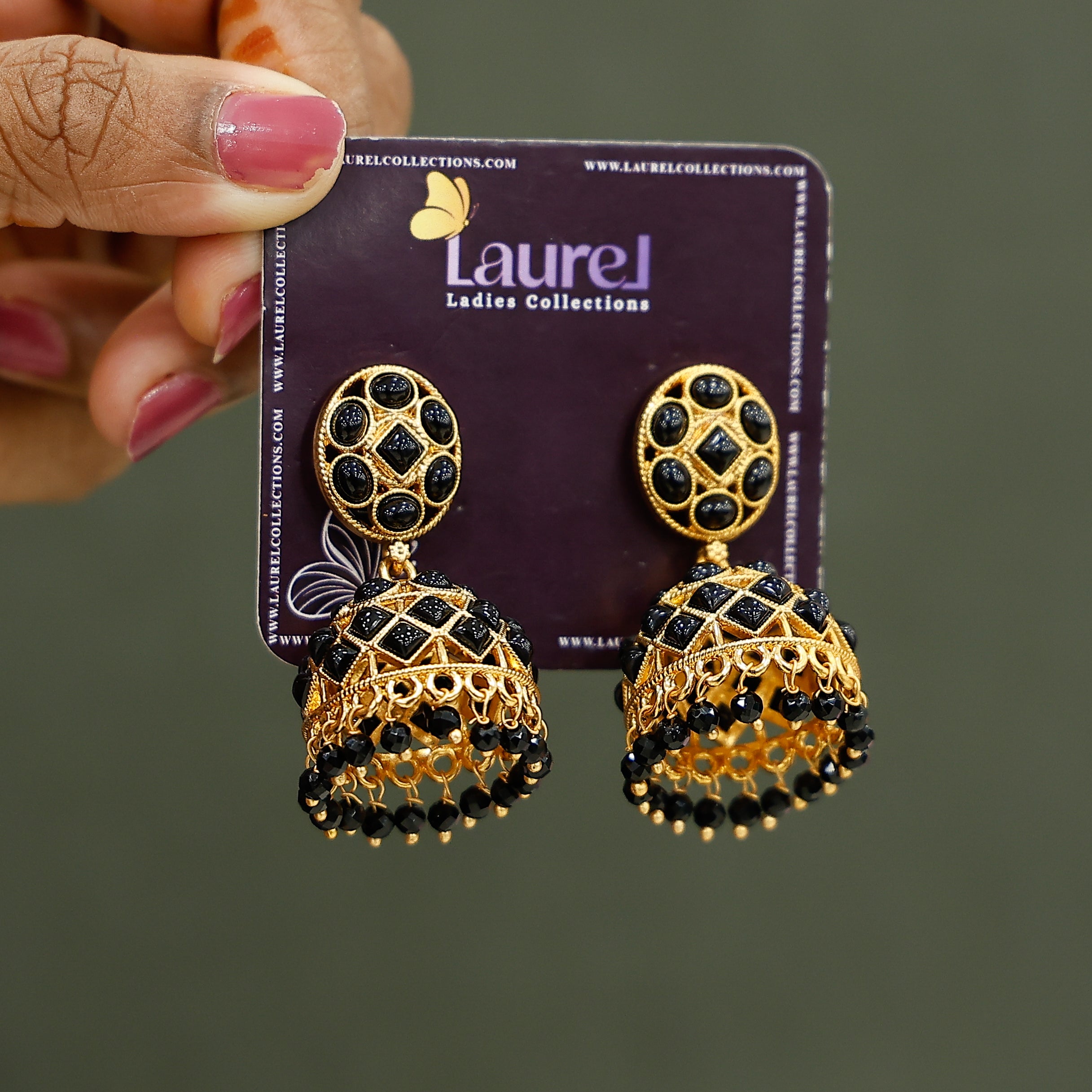 Black stone jhumkas for women with ethnic design