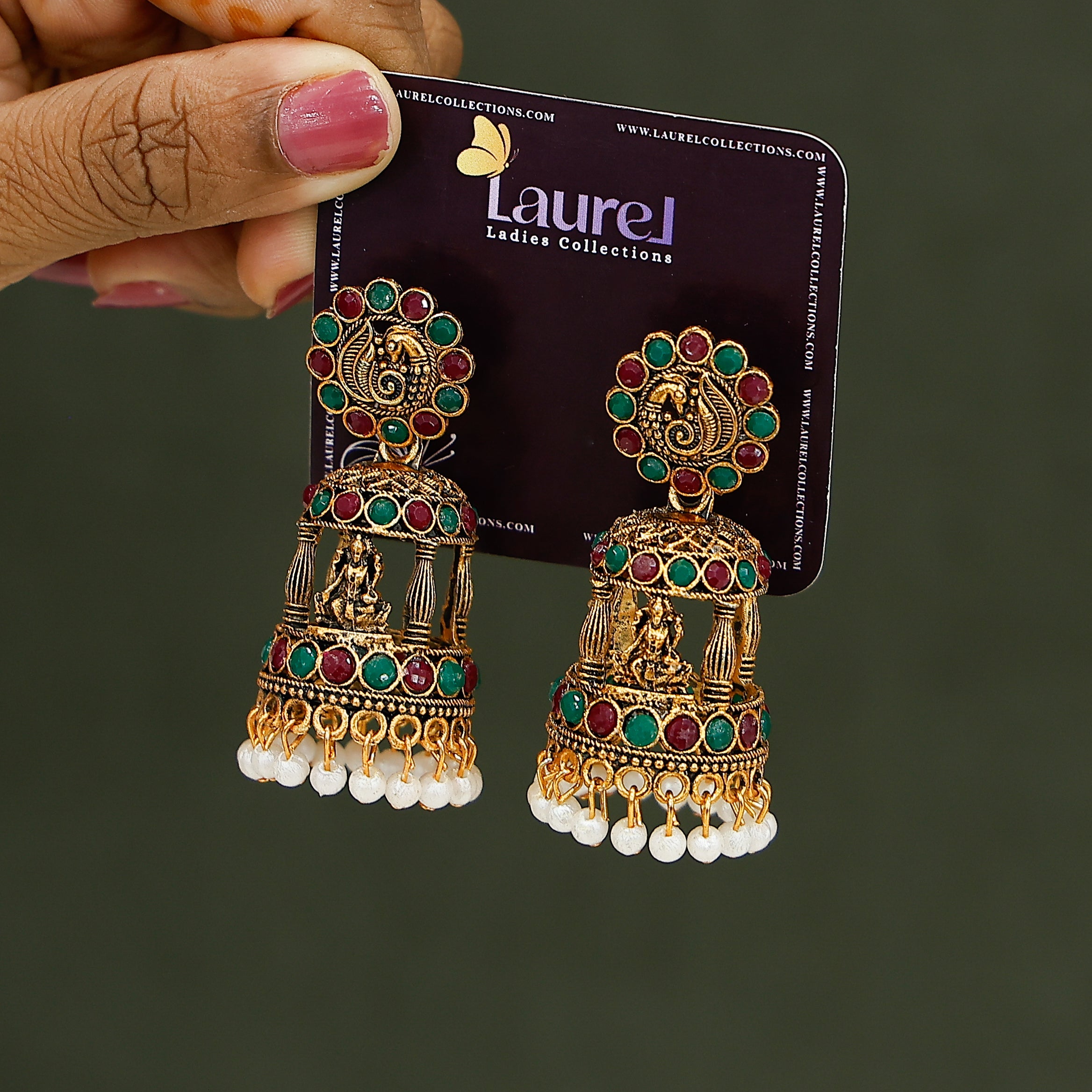 Bridal temple jhumka earrings with intricate Lakshmi-inspired detailing