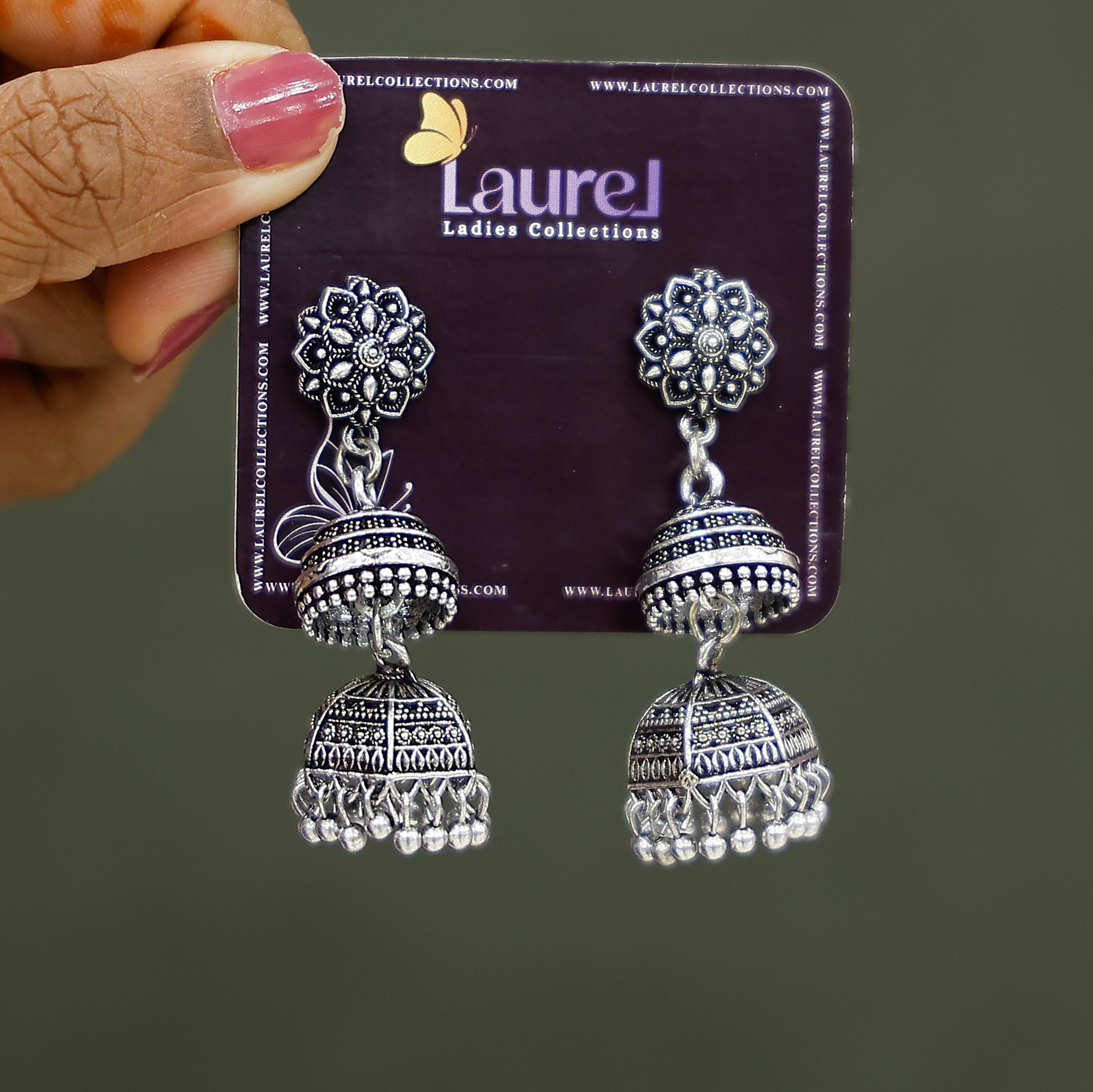 Stylish oxidised jhumka earrings with intricate detailing