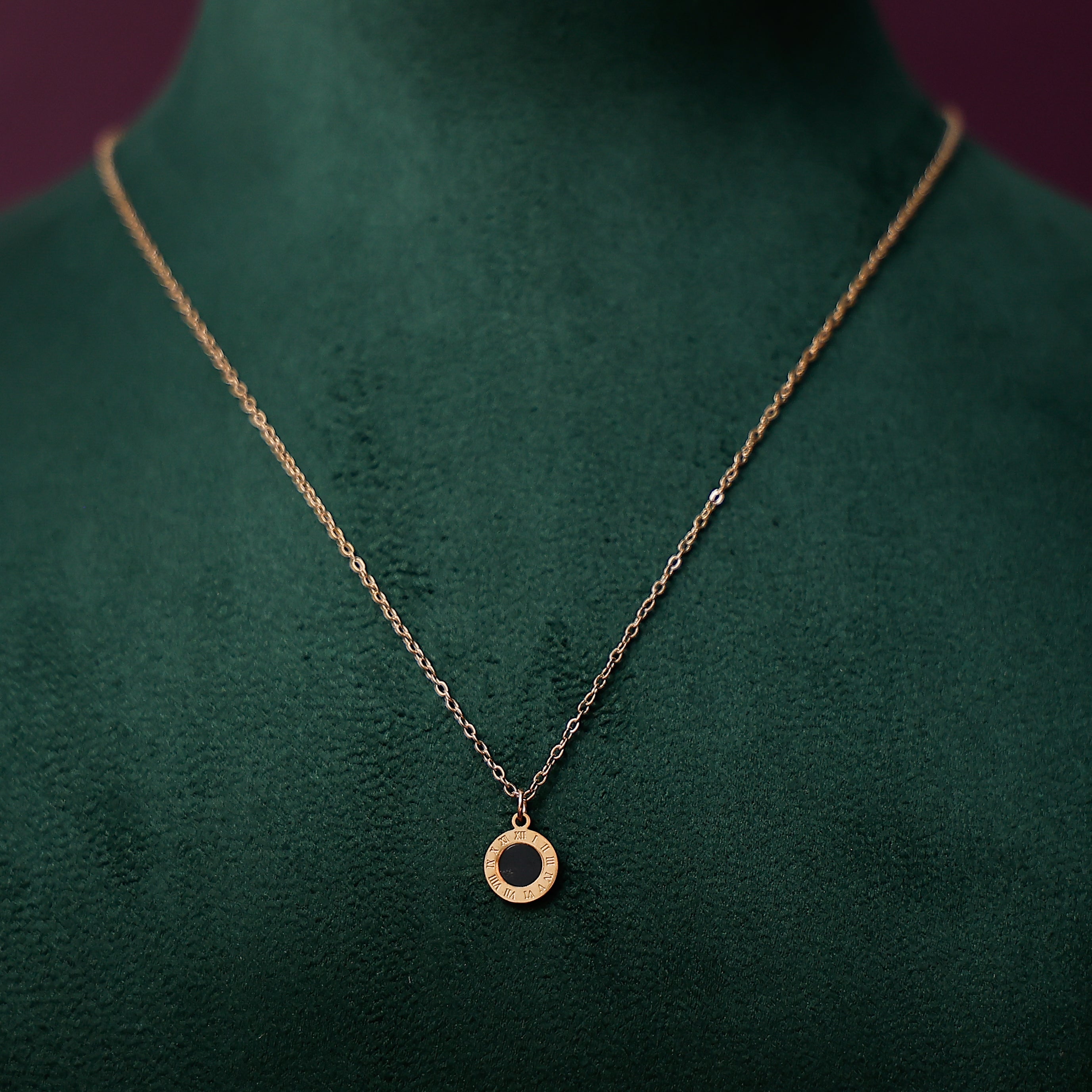 Circular Roman numerals anti tarnish necklace for women in gold-tone finish